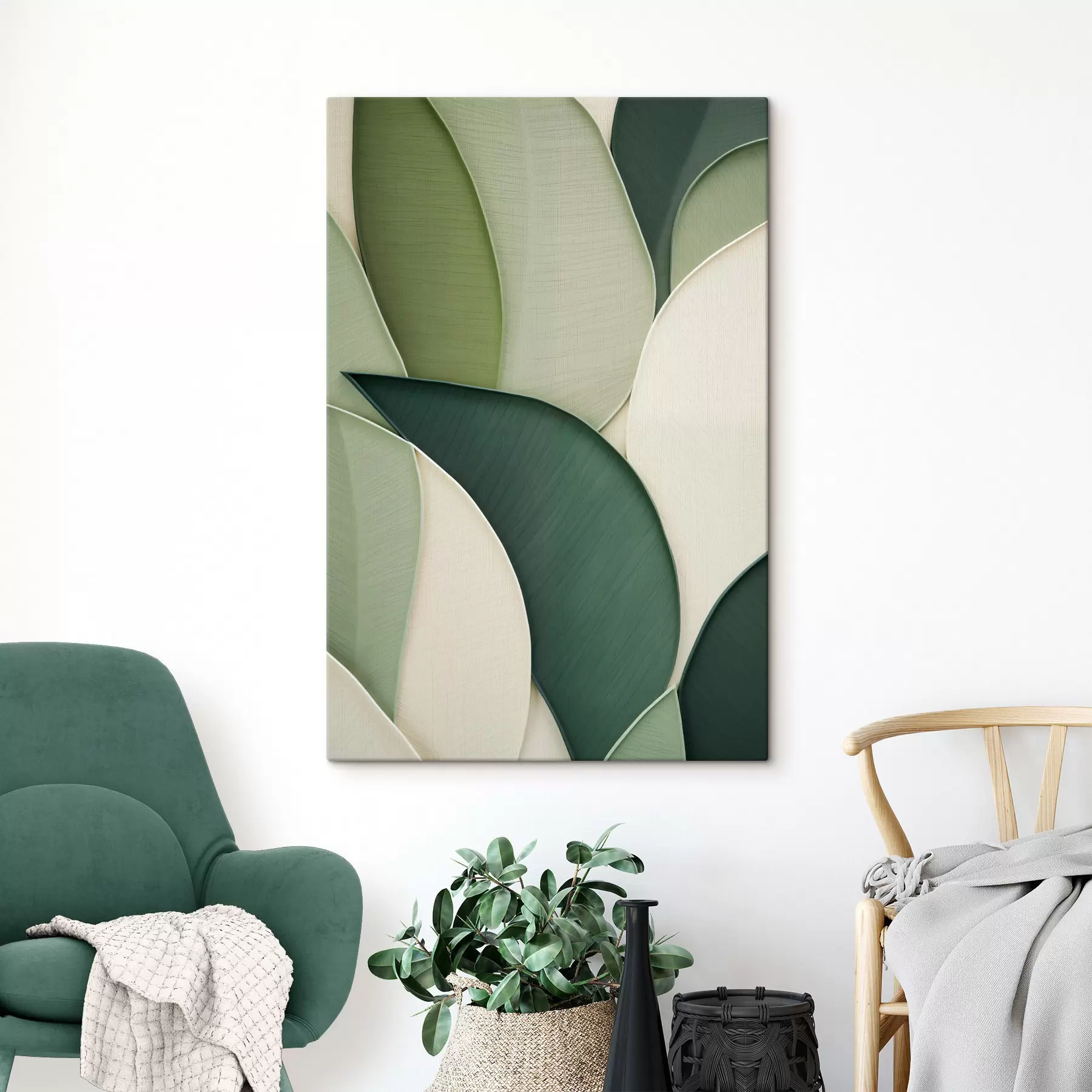 murales Arte abstracto con formas orgánicas superpuestas en tonos verde y crema s49777