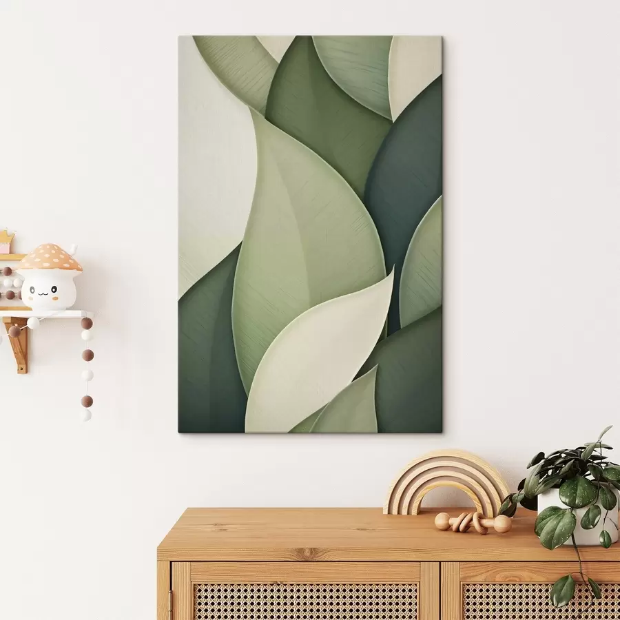 murales Arte abstracto con formas orgánicas superpuestas en tonos verde y crema s49778