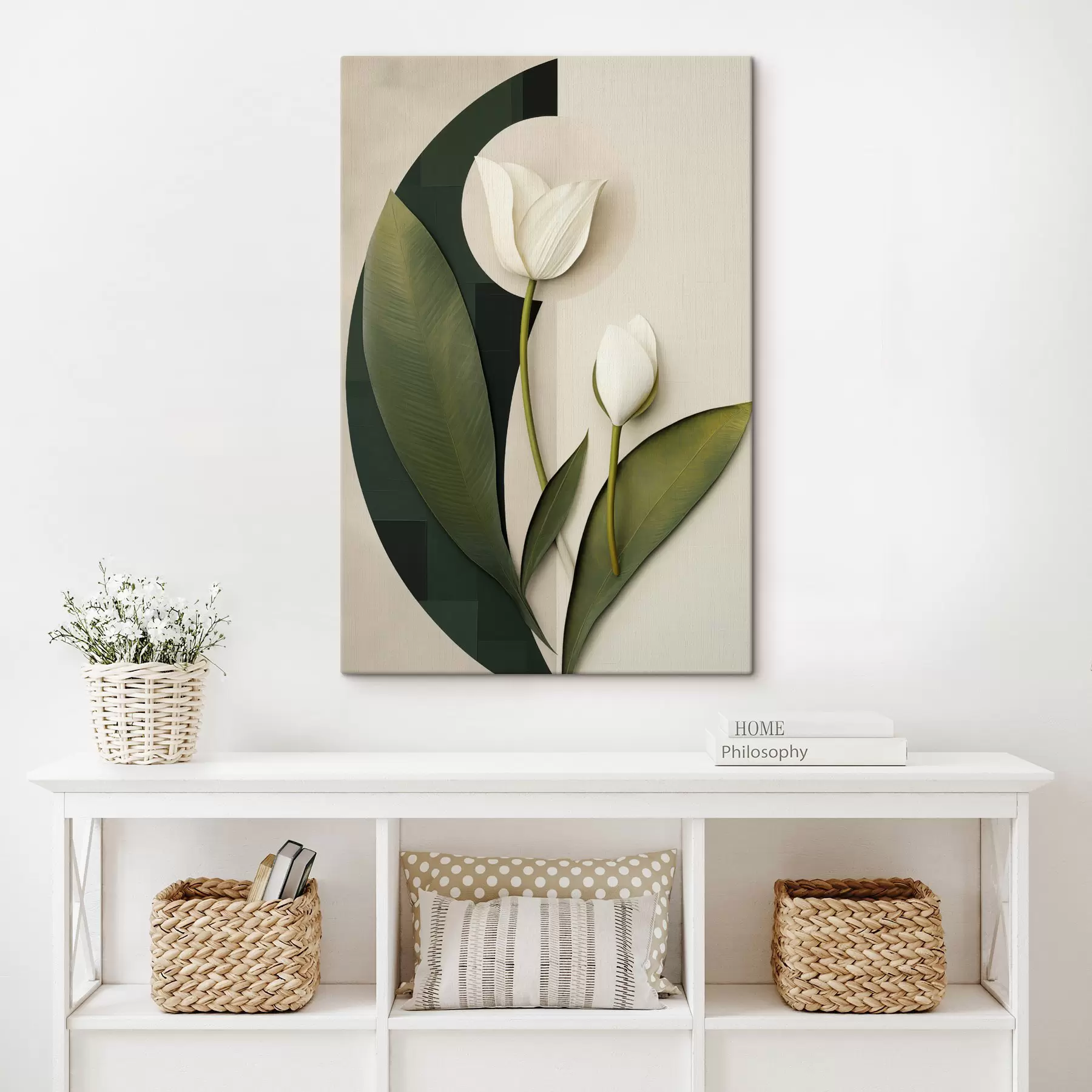 wall murals White tulips with green leaves and stems, abstract art s49779