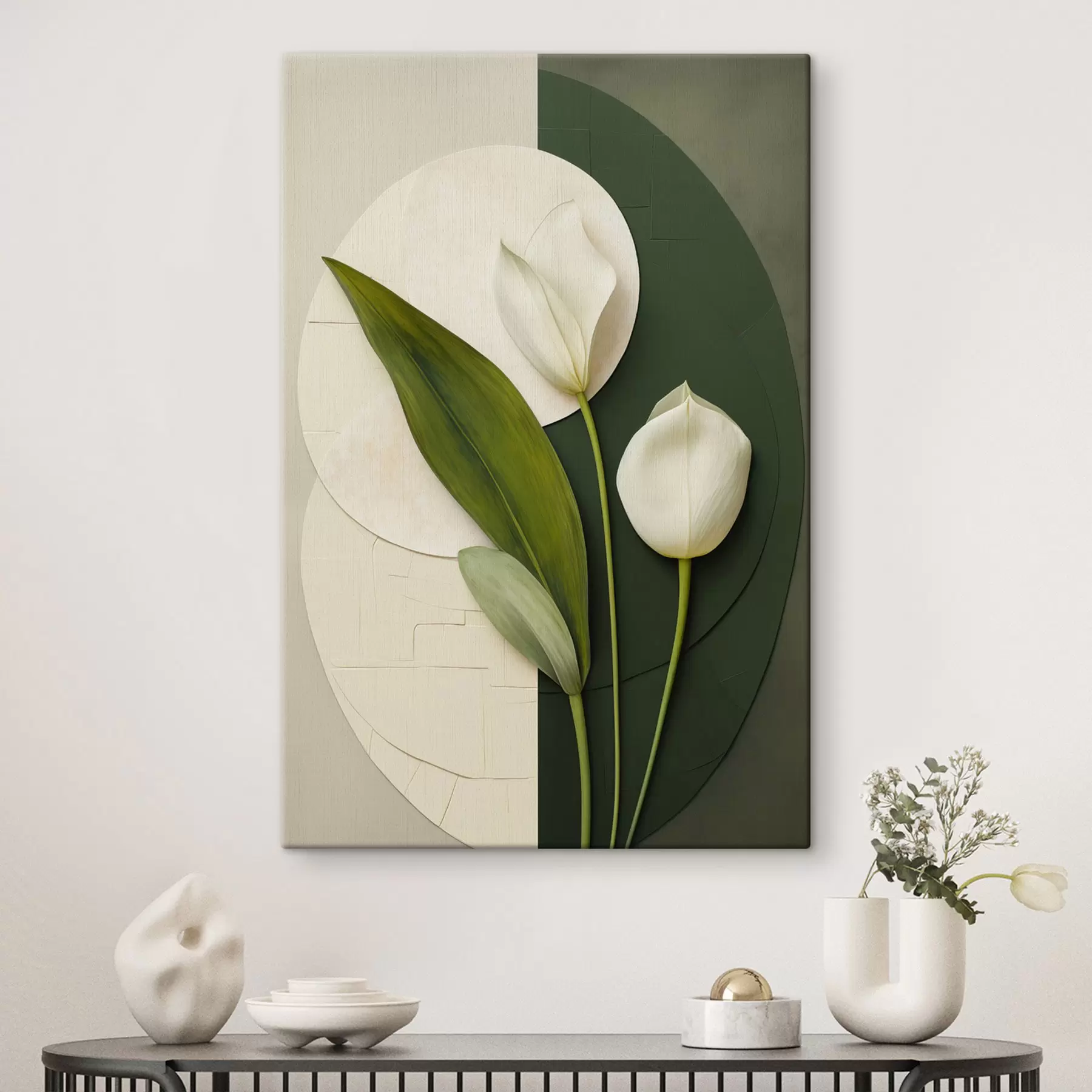wall murals White tulips with green leaves and stems, abstract art s49780