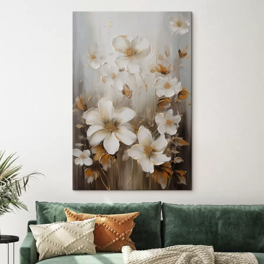 murales Flores blancas con pétalos texturizados y toques amarillos, fondo abstracto s49781