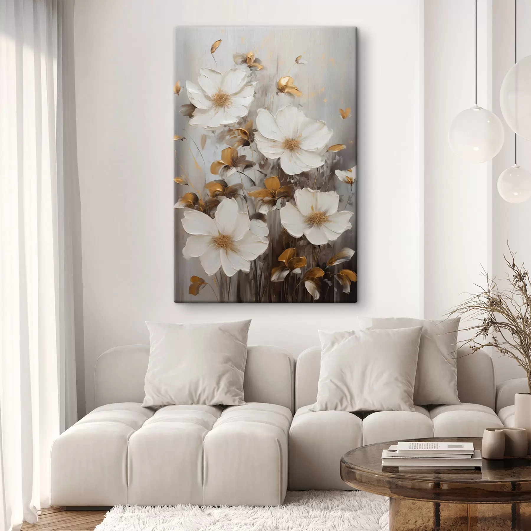 wall murals White flowers with textured petals and yellow accents, abstract background s49782