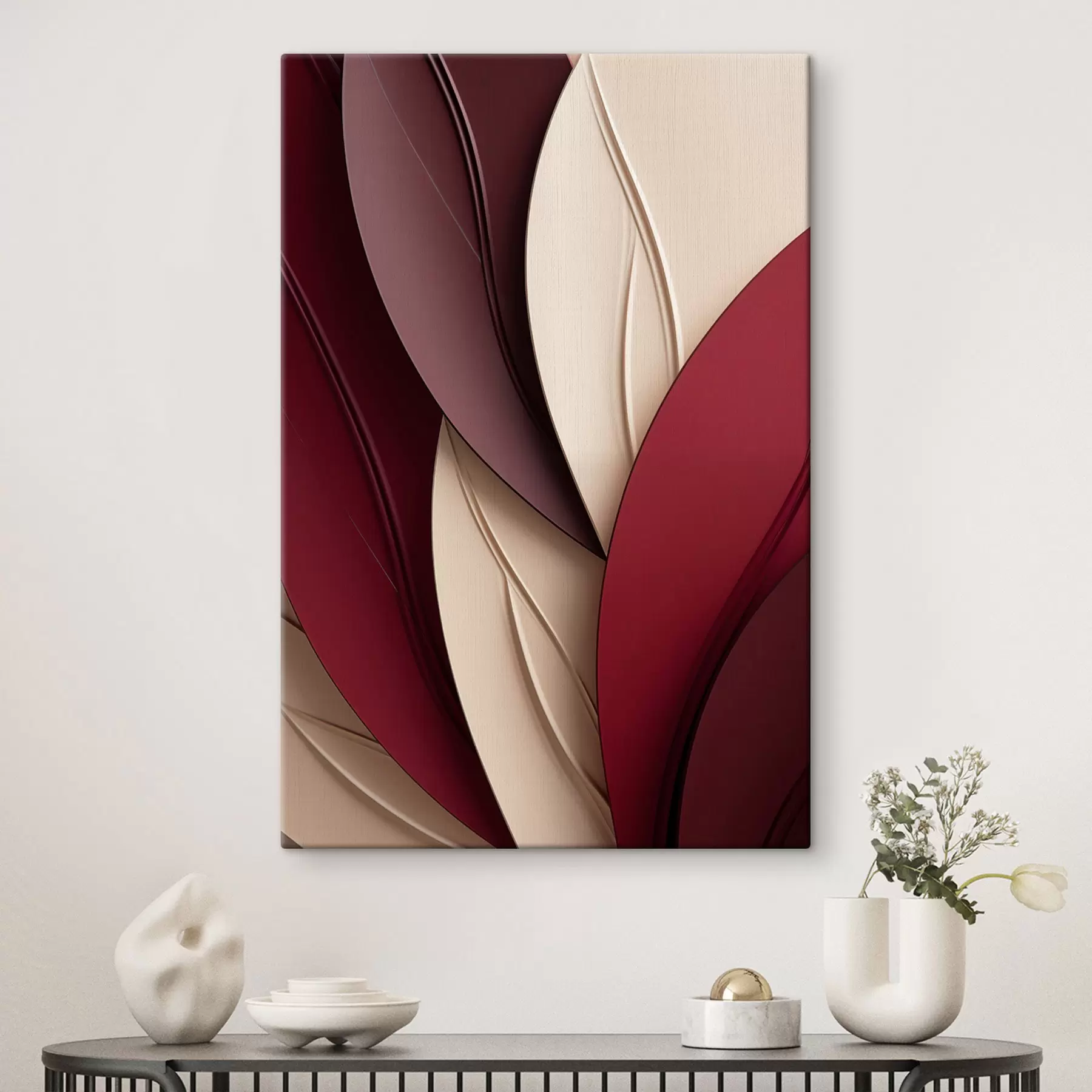 wall murals Abstract wavy shapes in shades of bordo and cream, layered textures s49788