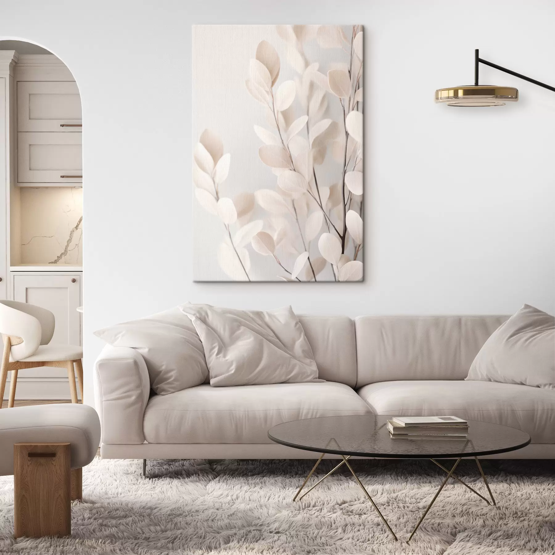 wall murals Pale beige eucalyptus leaves against a light, textured background s49794