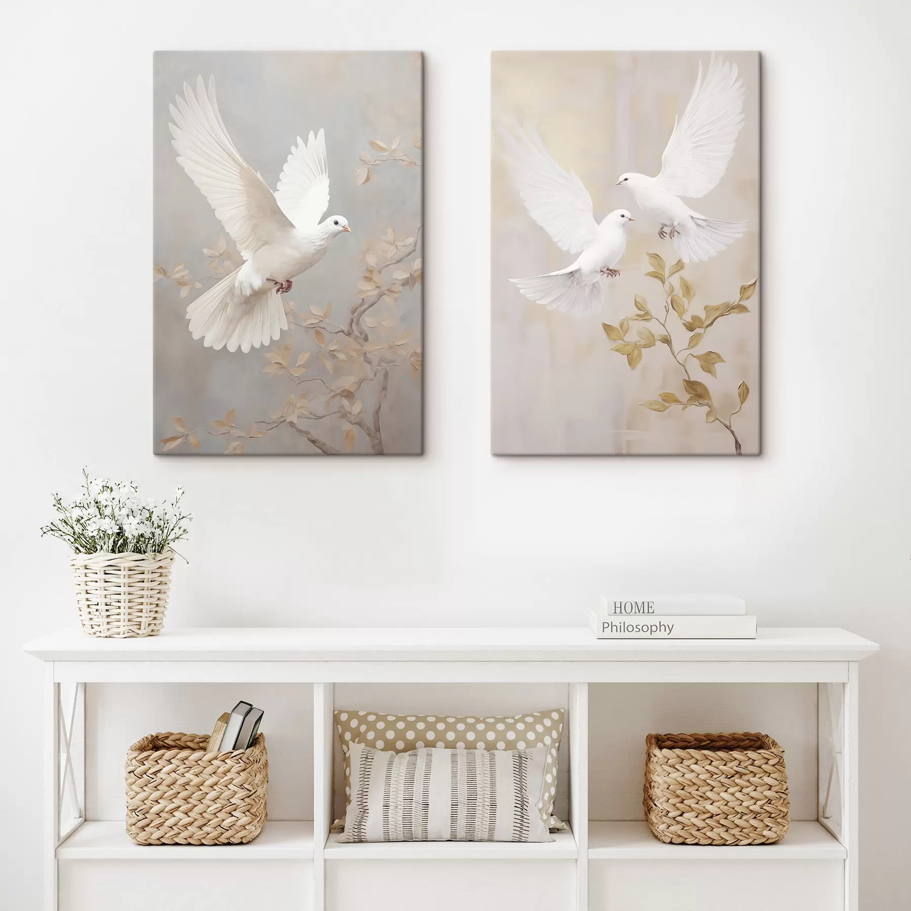 wall murals White birds near a branch with light brown leaves, muted background m30677