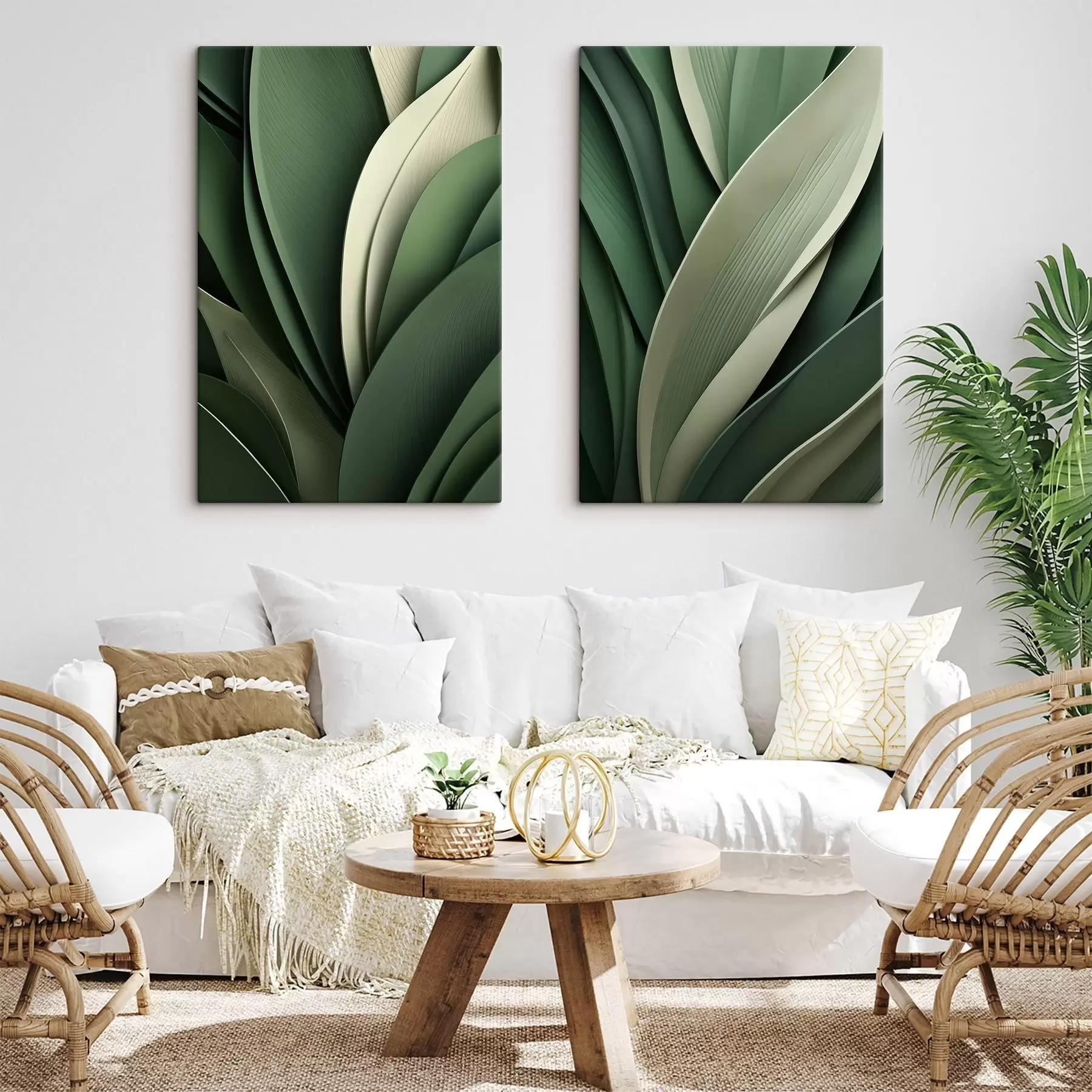 murales Hojas verdes abstractas dispuestas en capas con sutiles toques en color crema m30678