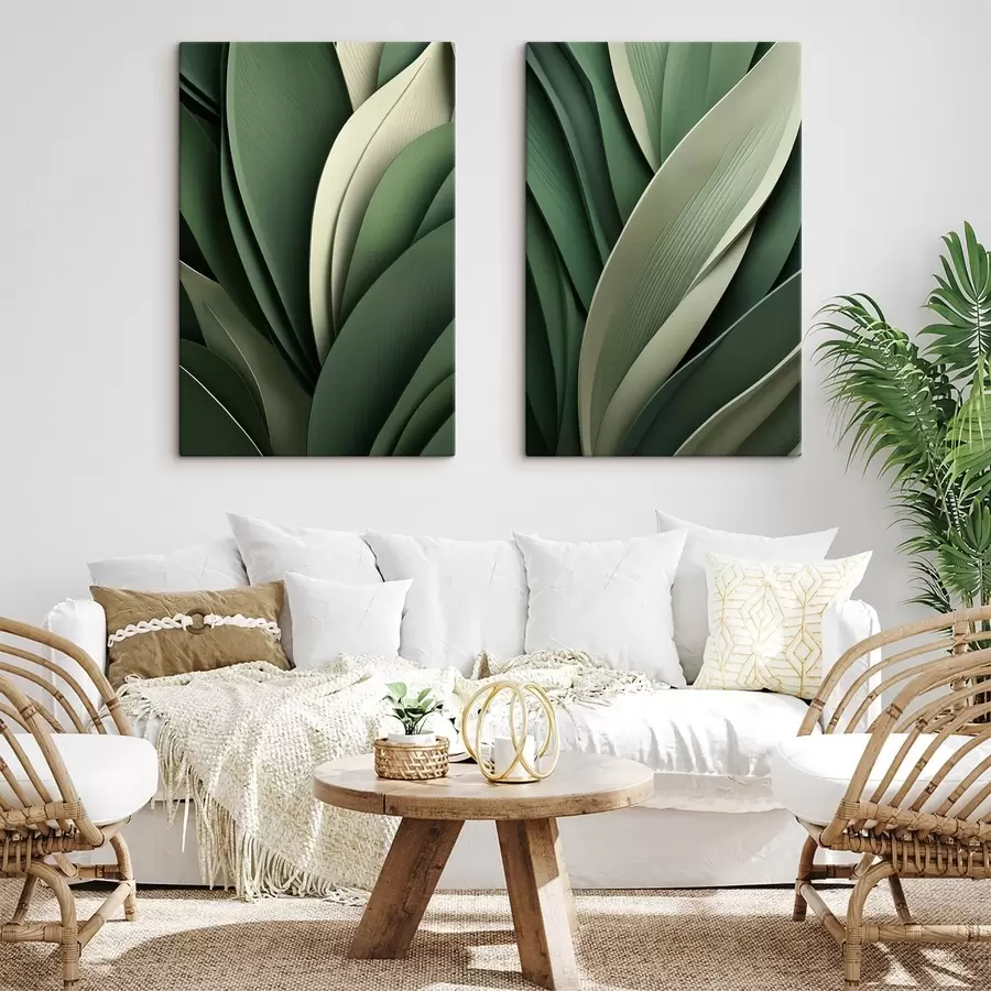 murales Hojas verdes abstractas dispuestas en capas con sutiles toques en color crema m30678