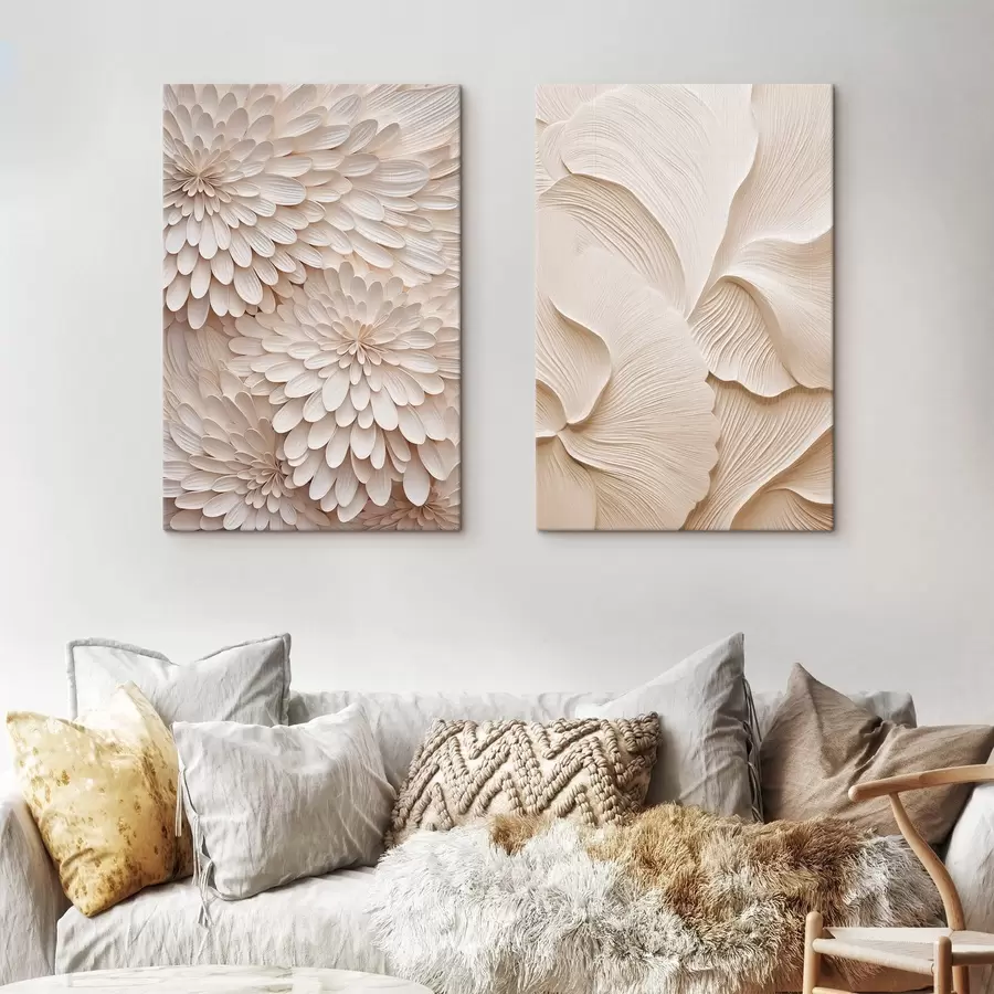 murales Pétalos superpuestos de color crema que forman figuras florales abstractas; obra de arte con textura m30680