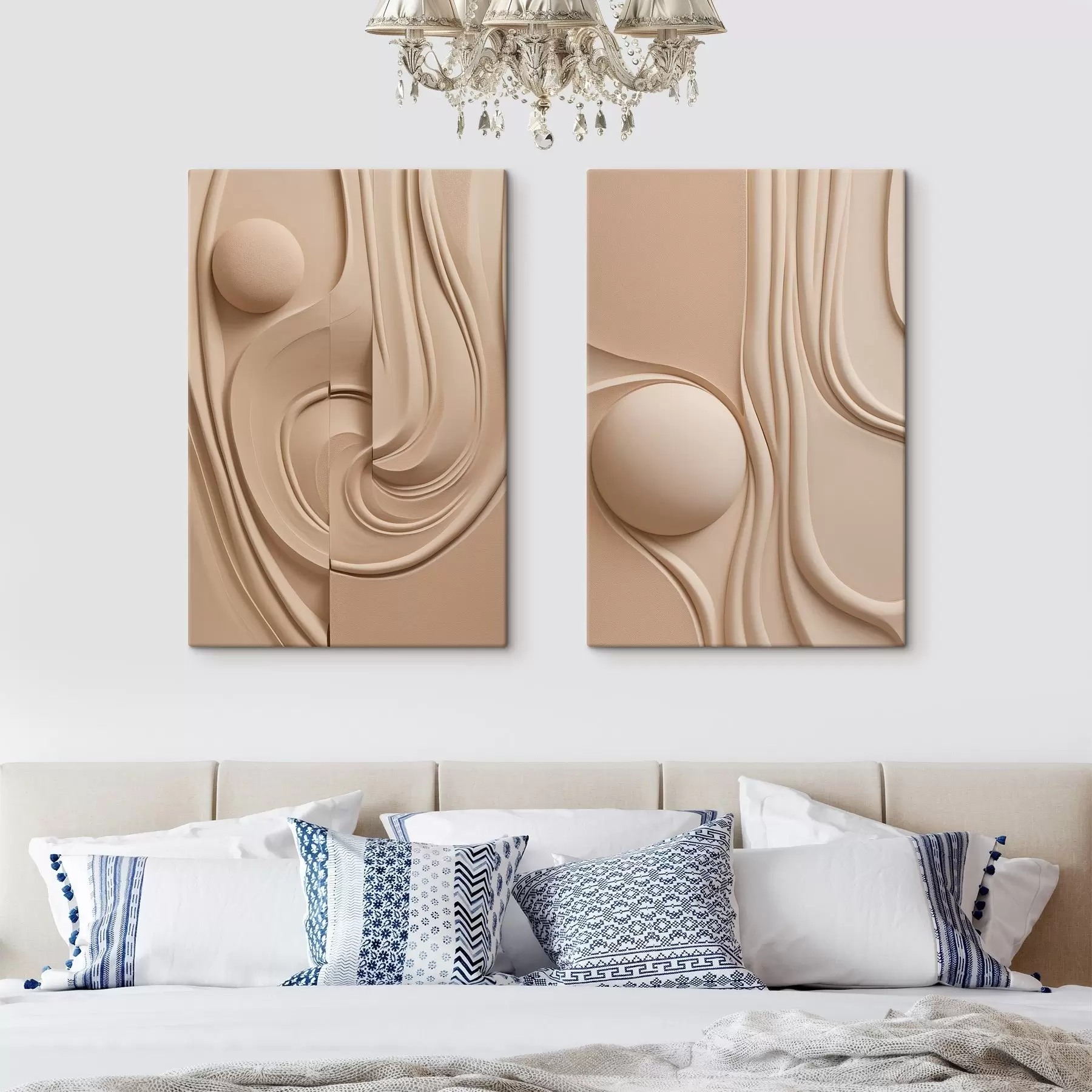 murales Una obra de arte abstracta de color beige, con textura, líneas fluidas y una esfera m30683