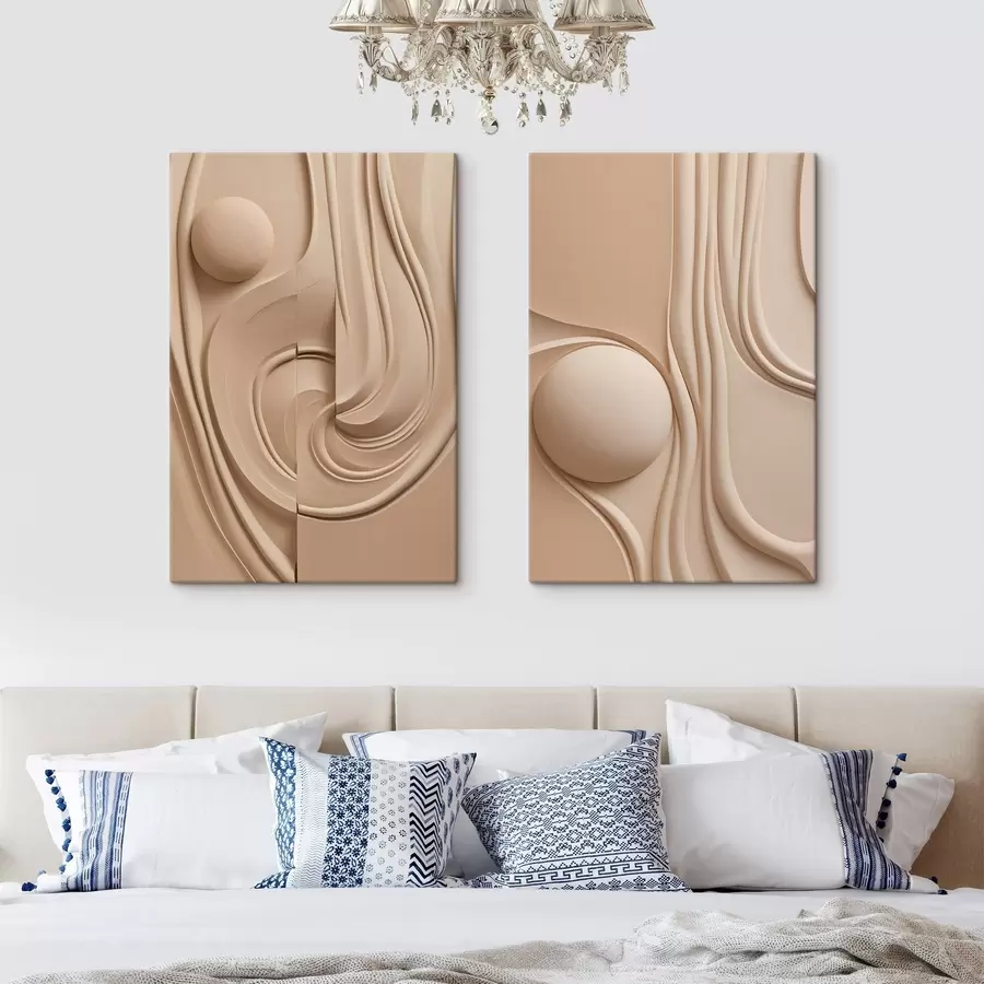murales Una obra de arte abstracta de color beige, con textura, líneas fluidas y una esfera m30683