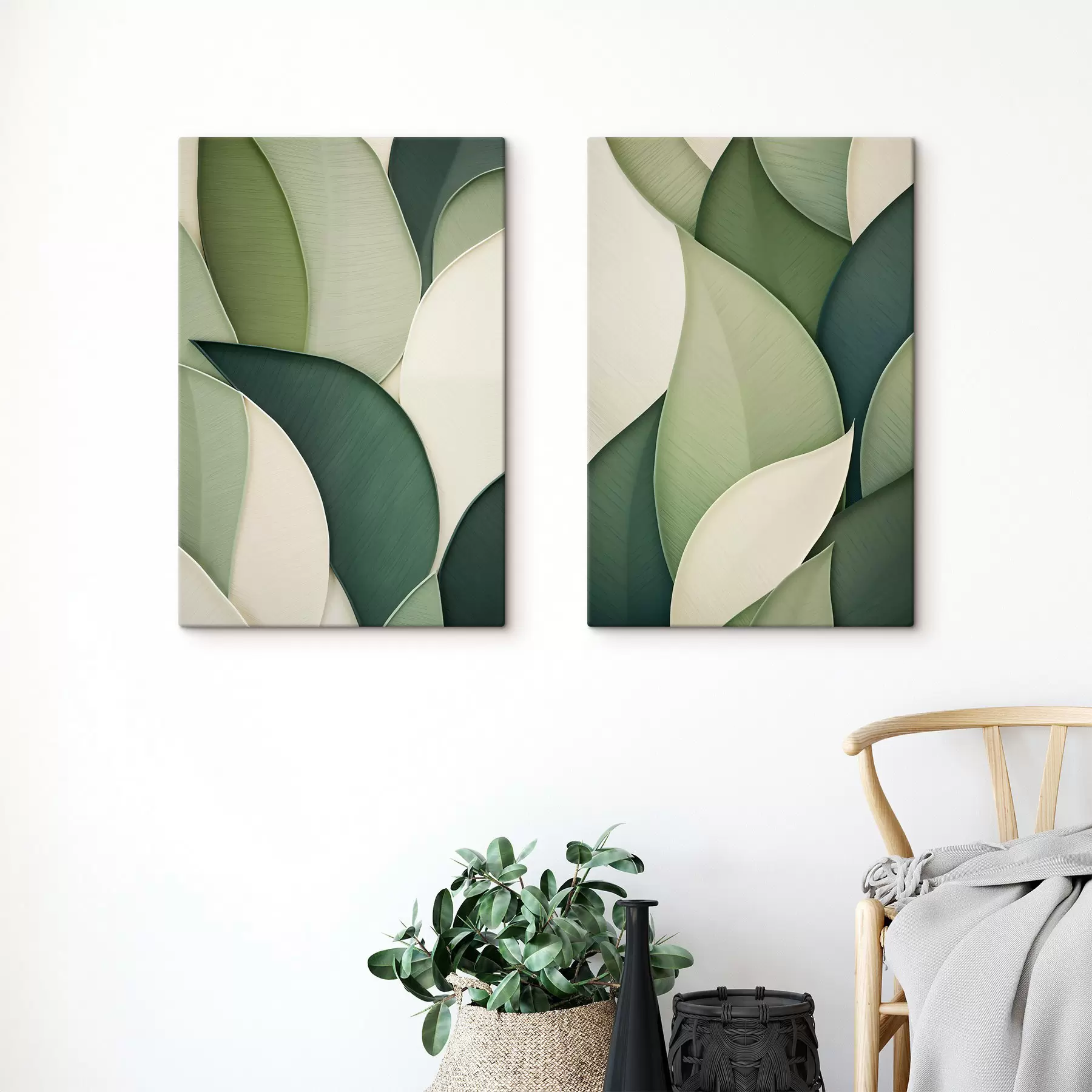 murales Arte abstracto con formas orgánicas superpuestas en tonos verde y crema m30684