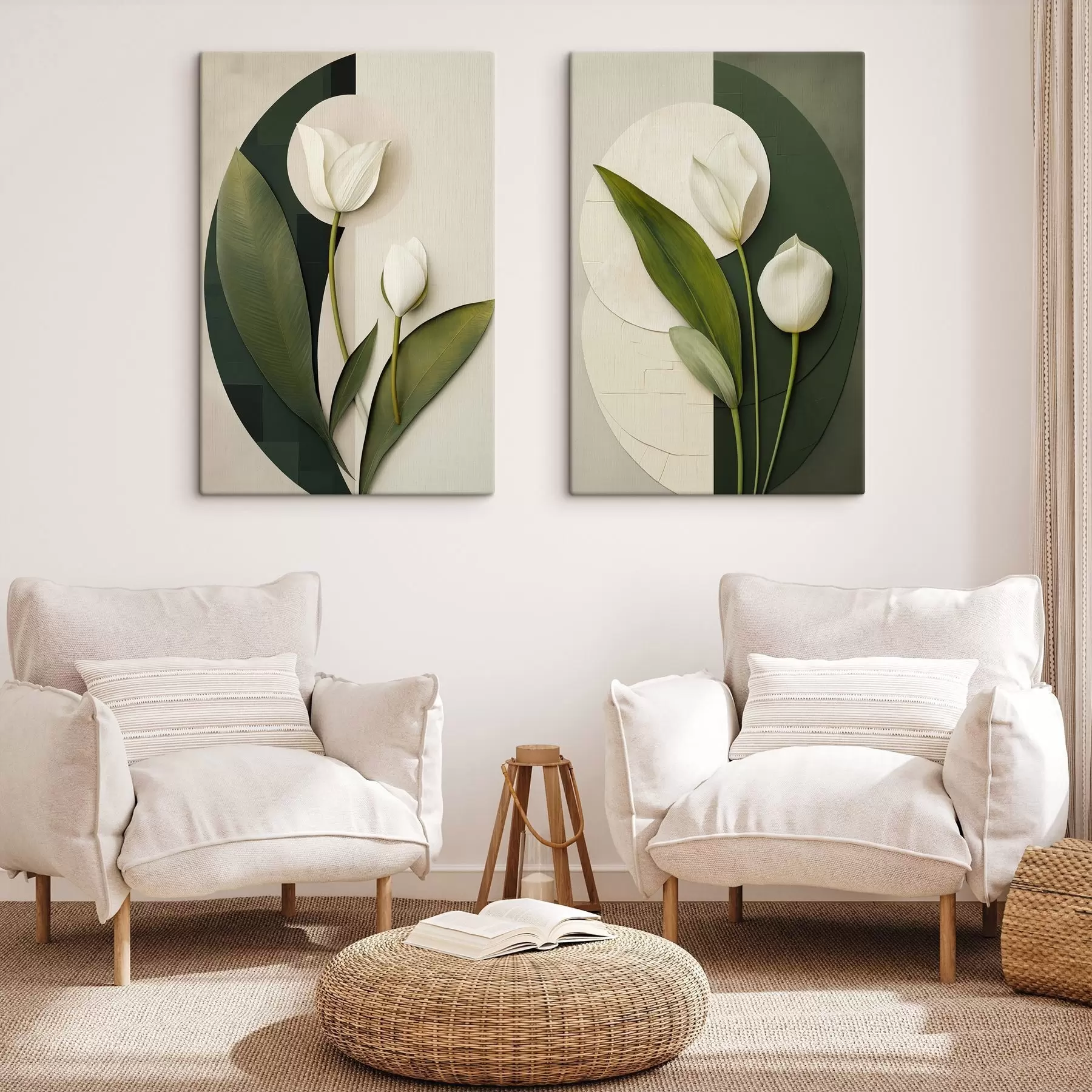 wall murals White tulips with green leaves and stems, abstract art m30685