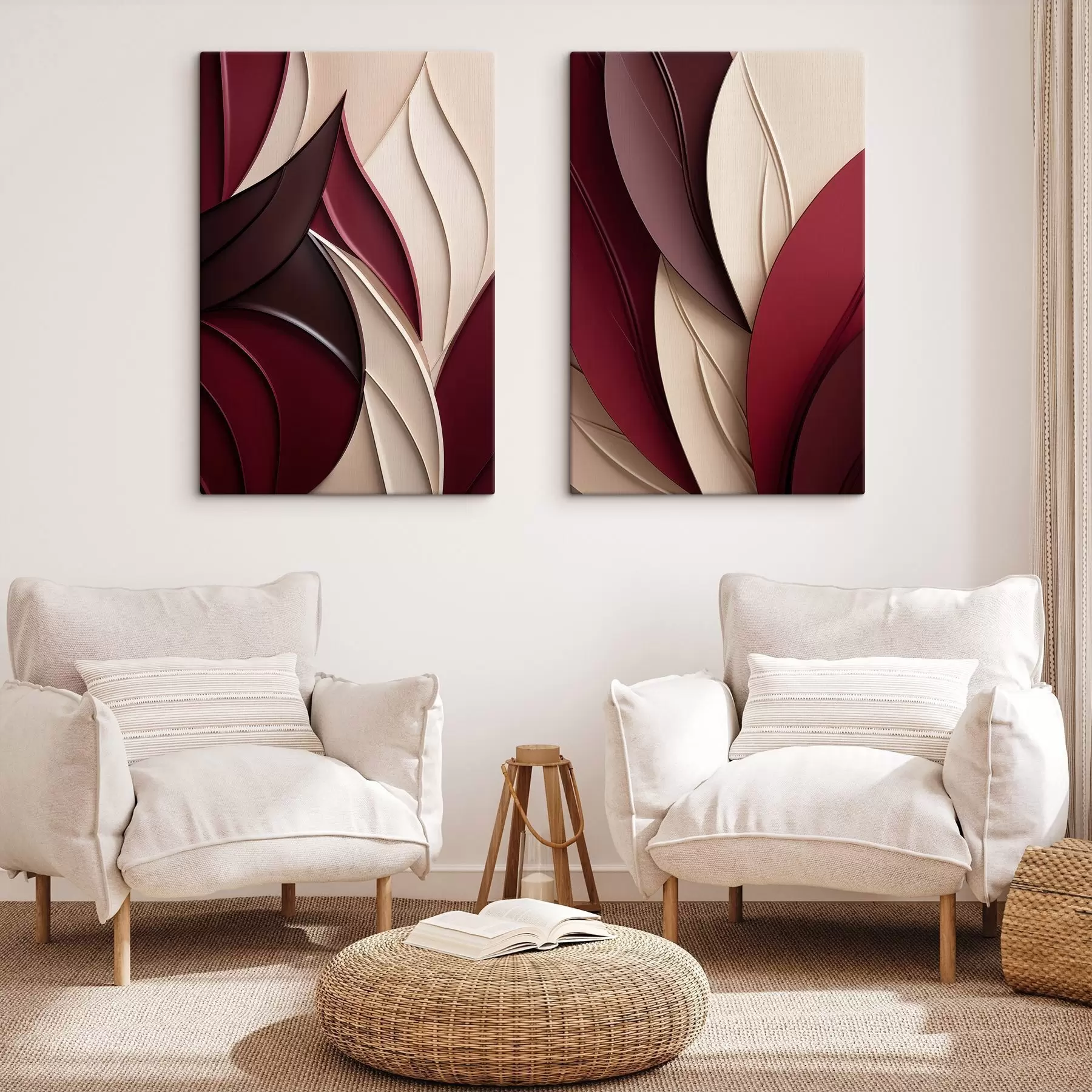 murales Formas abstractas onduladas en tonos burdeos y crema, con texturas superpuestas m30689