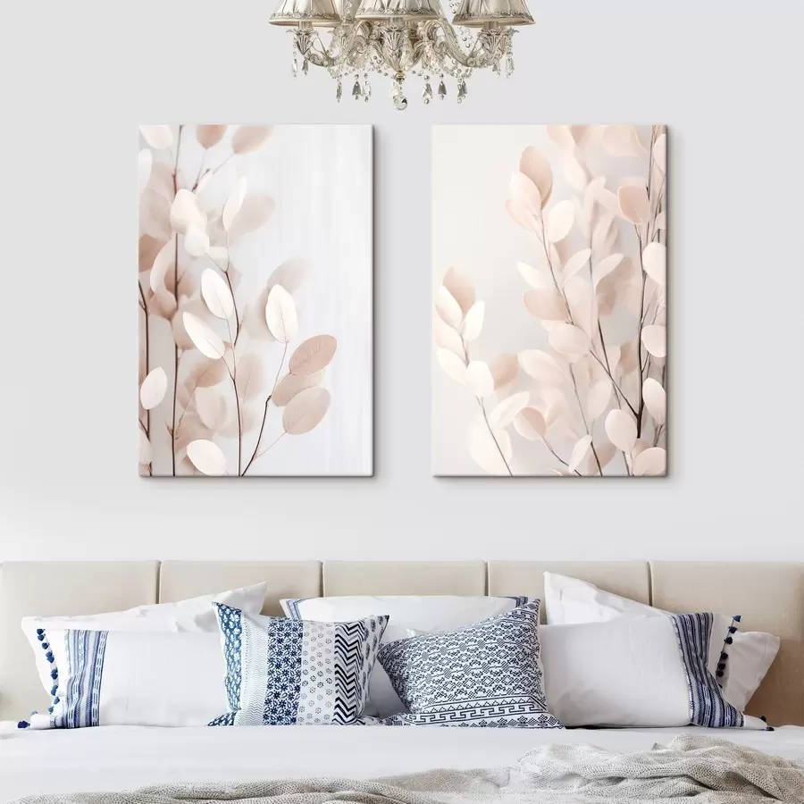 Wall Mural Photo Wallpaper Pale beige eucalyptus leaves against a light, textured background m30692