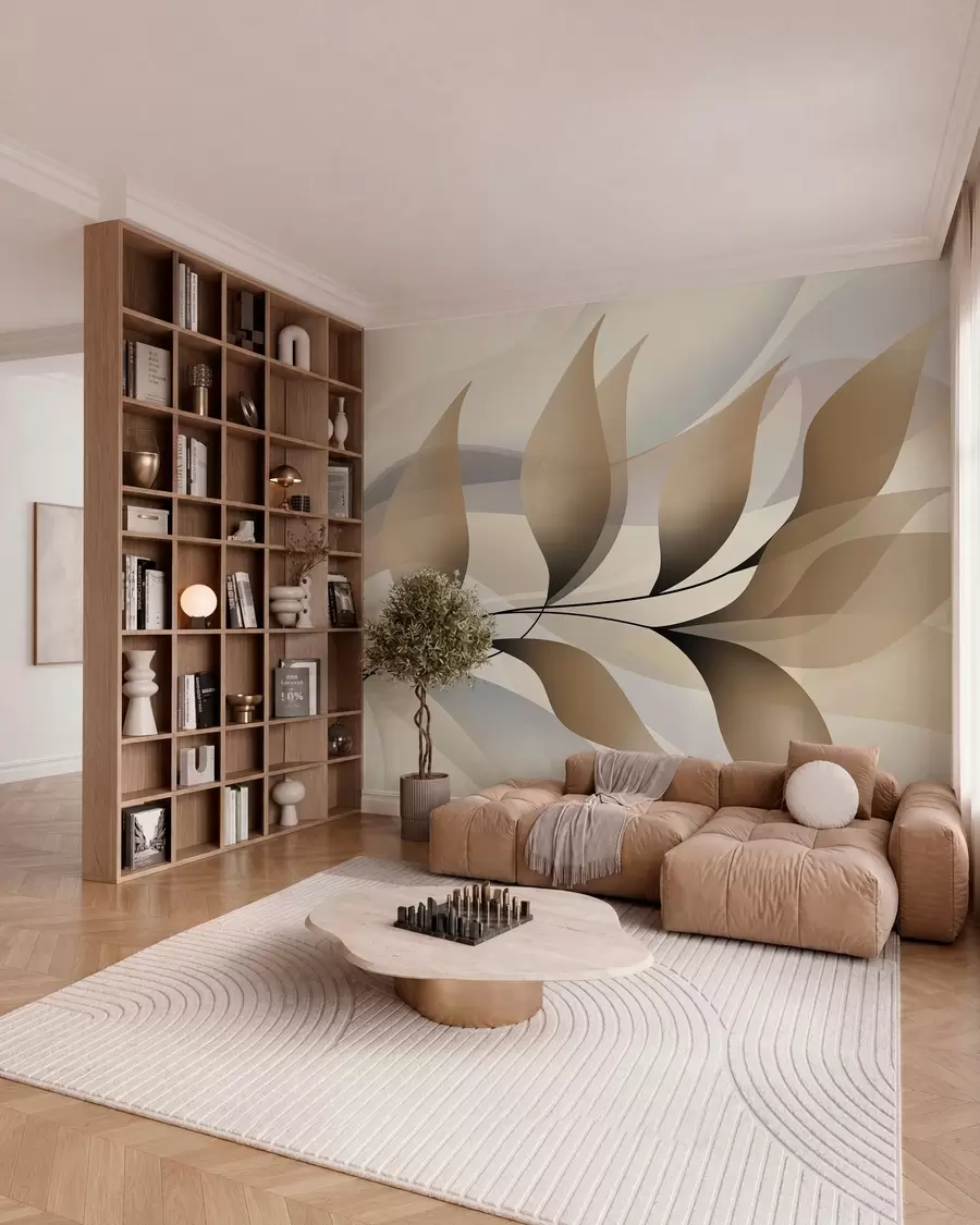 murales una elegante rama con hojas de color beige w05660