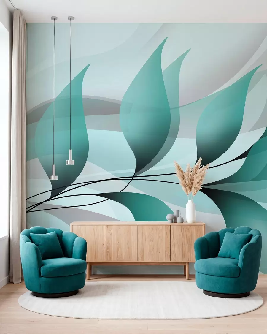 peintures murales une branche élégante aux feuilles turquoise w05660v1