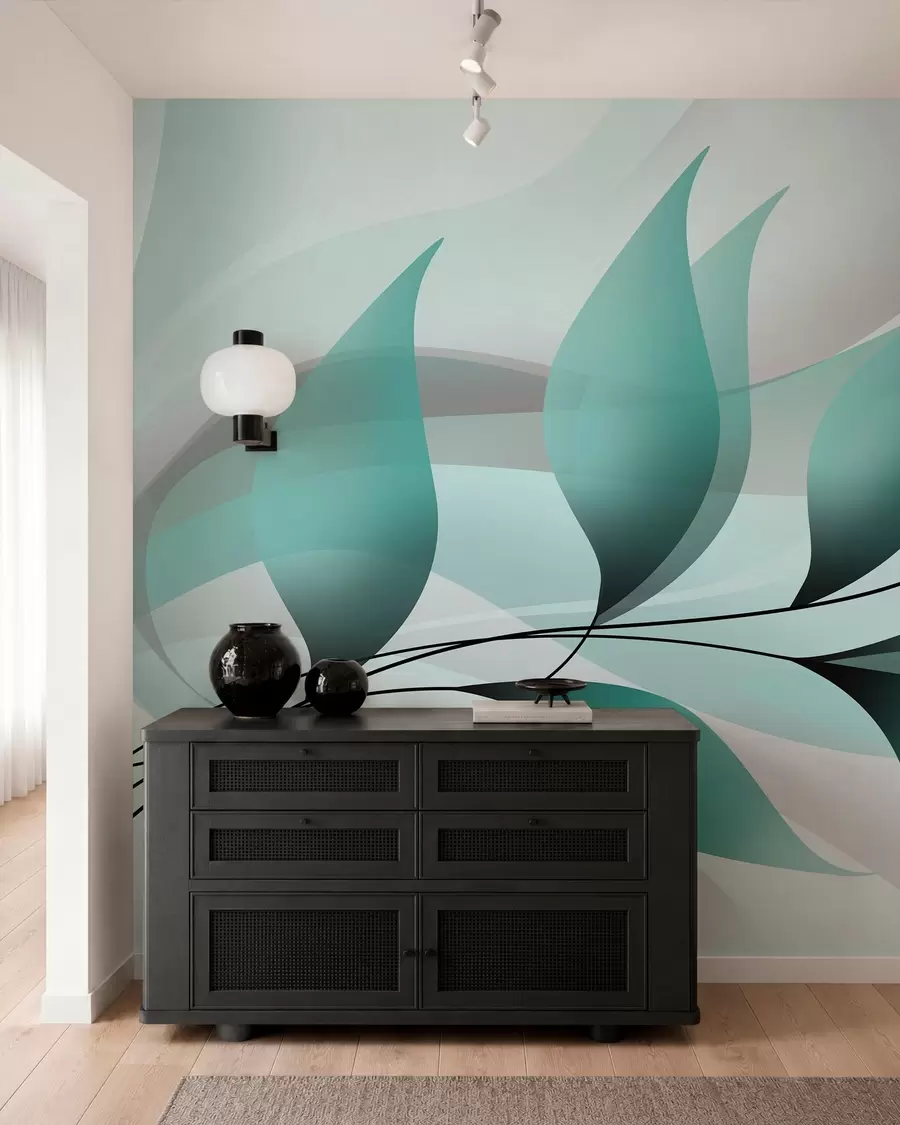 peintures murales une branche élégante aux feuilles turquoise w05660v1