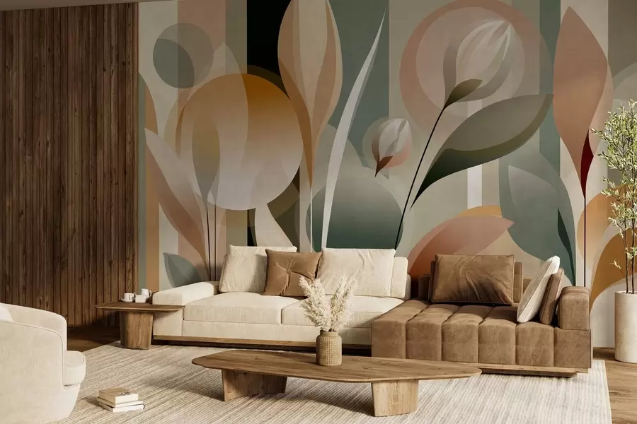 wall murals a stylised abstraction featuring plants in natural colours w05750