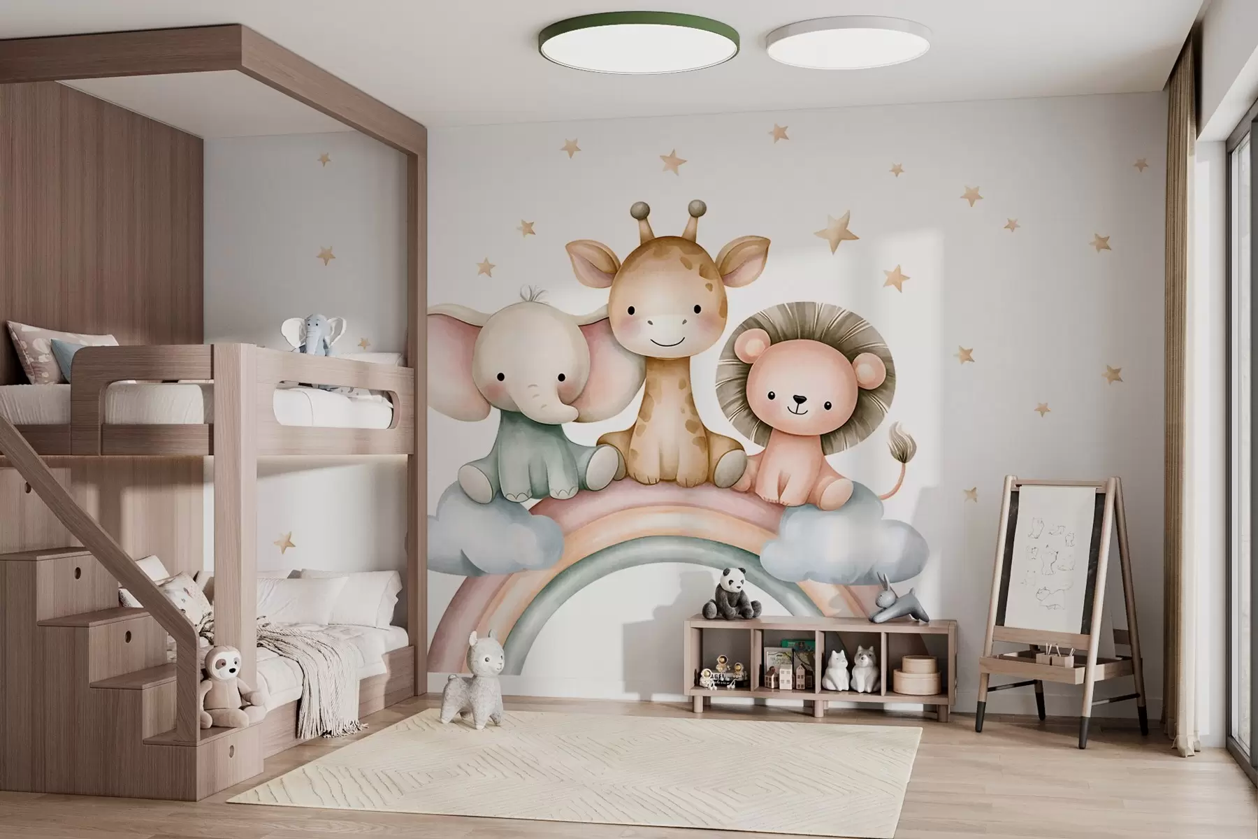 Wall Mural Photo Wallpaper a rainbow with animals amongst the stars, in a watercolour style w05752