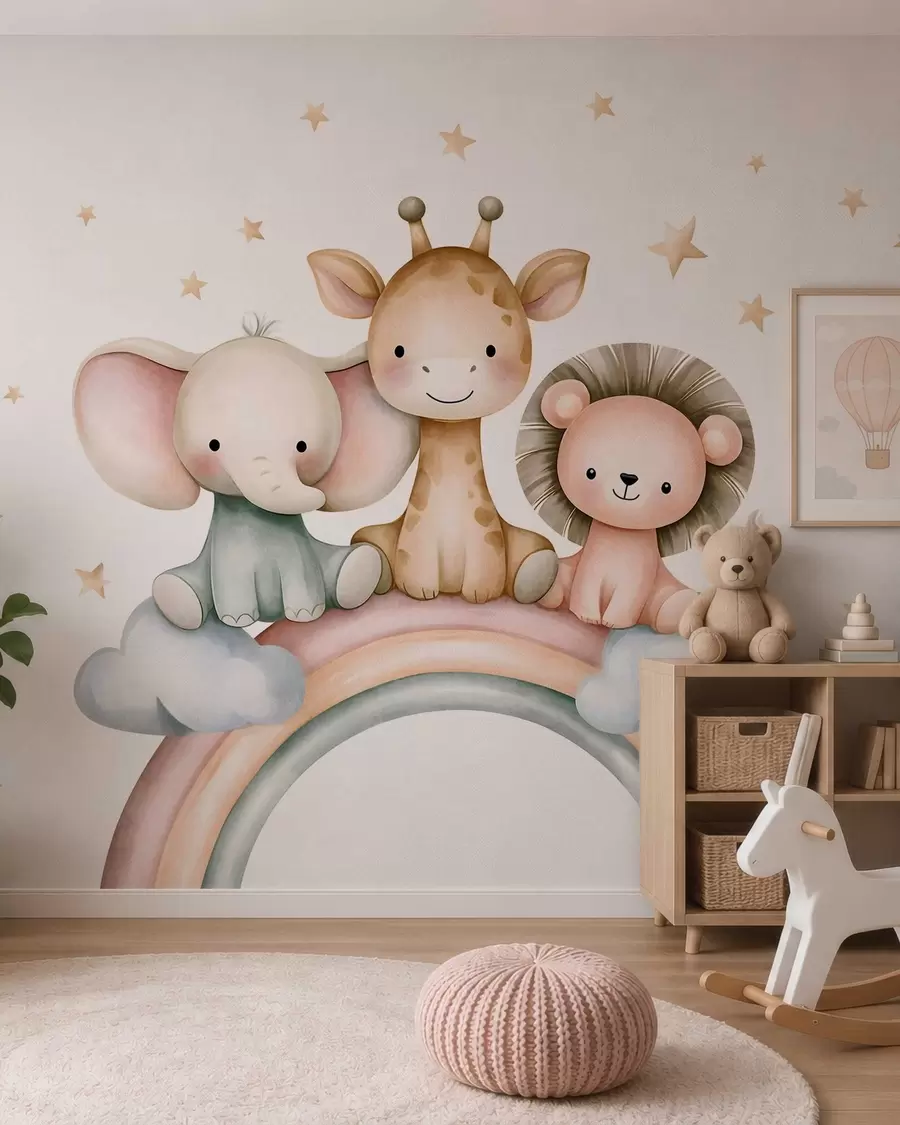 murales un arcoíris con animales entre las estrellas, en estilo acuarela w05752