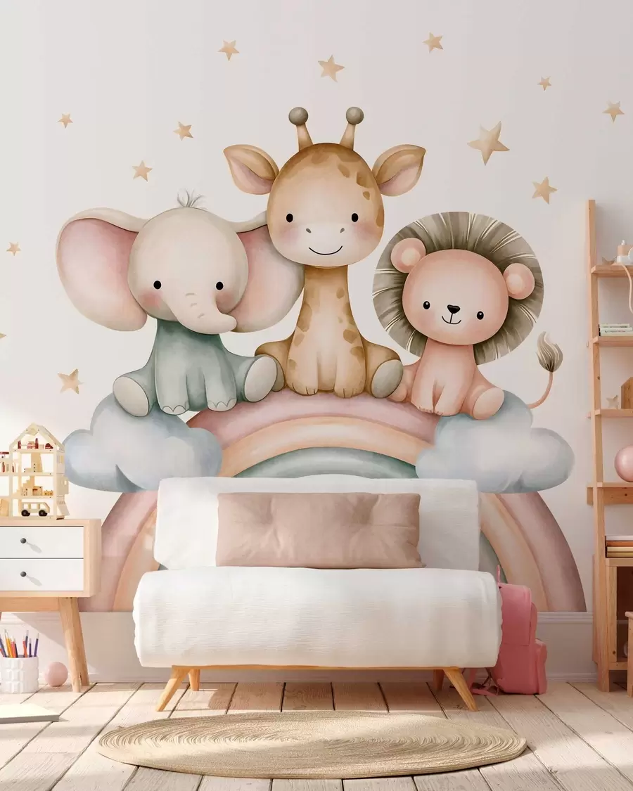 Wall Mural Photo Wallpaper a rainbow with animals amongst the stars, in a watercolour style w05752