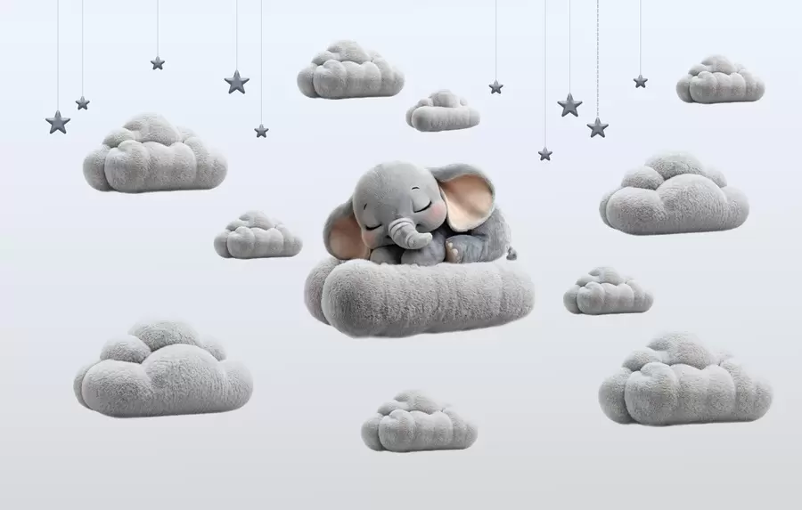Wall Mural Photo Wallpaper a cute little elephant in 3D style, sleeping amongst fluffy clouds w05754