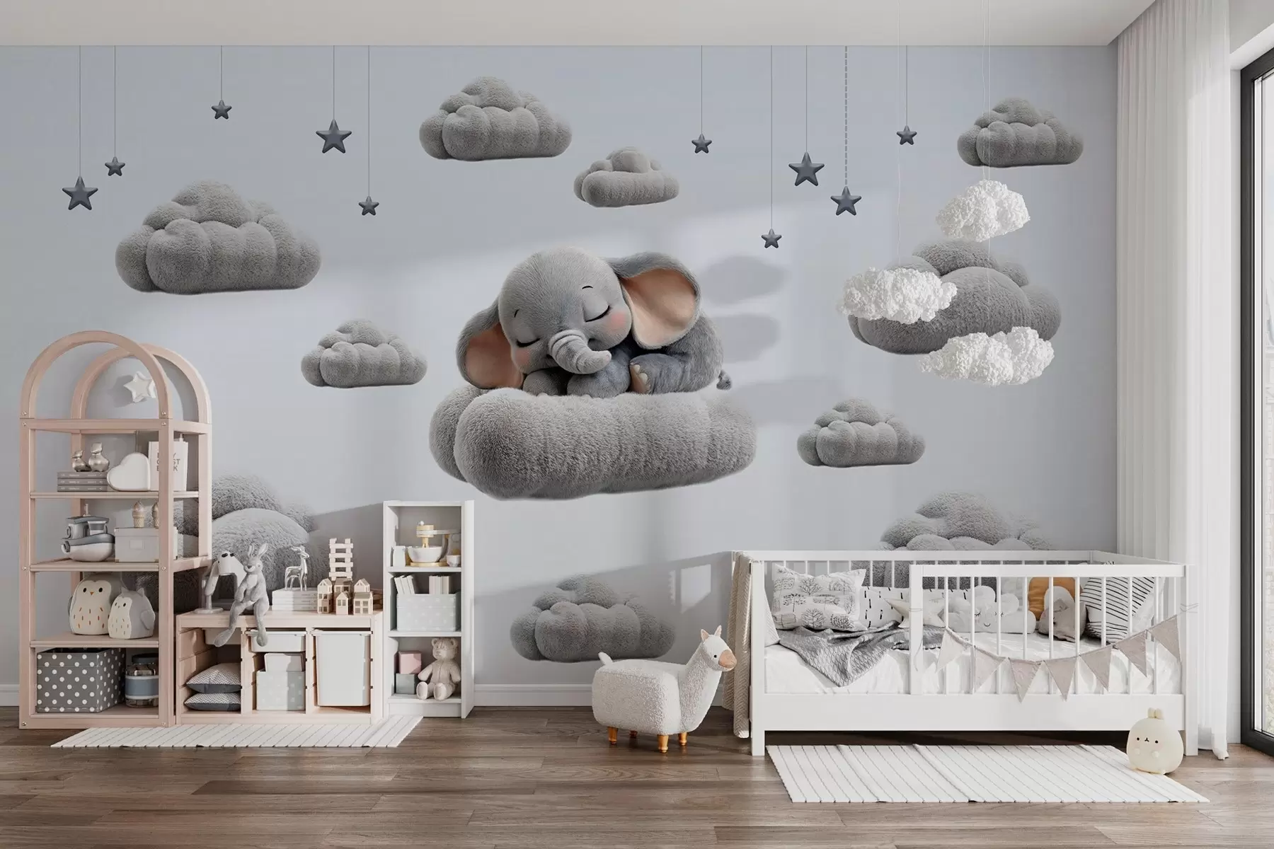wall murals a cute little elephant in 3D style, sleeping amongst fluffy clouds w05754