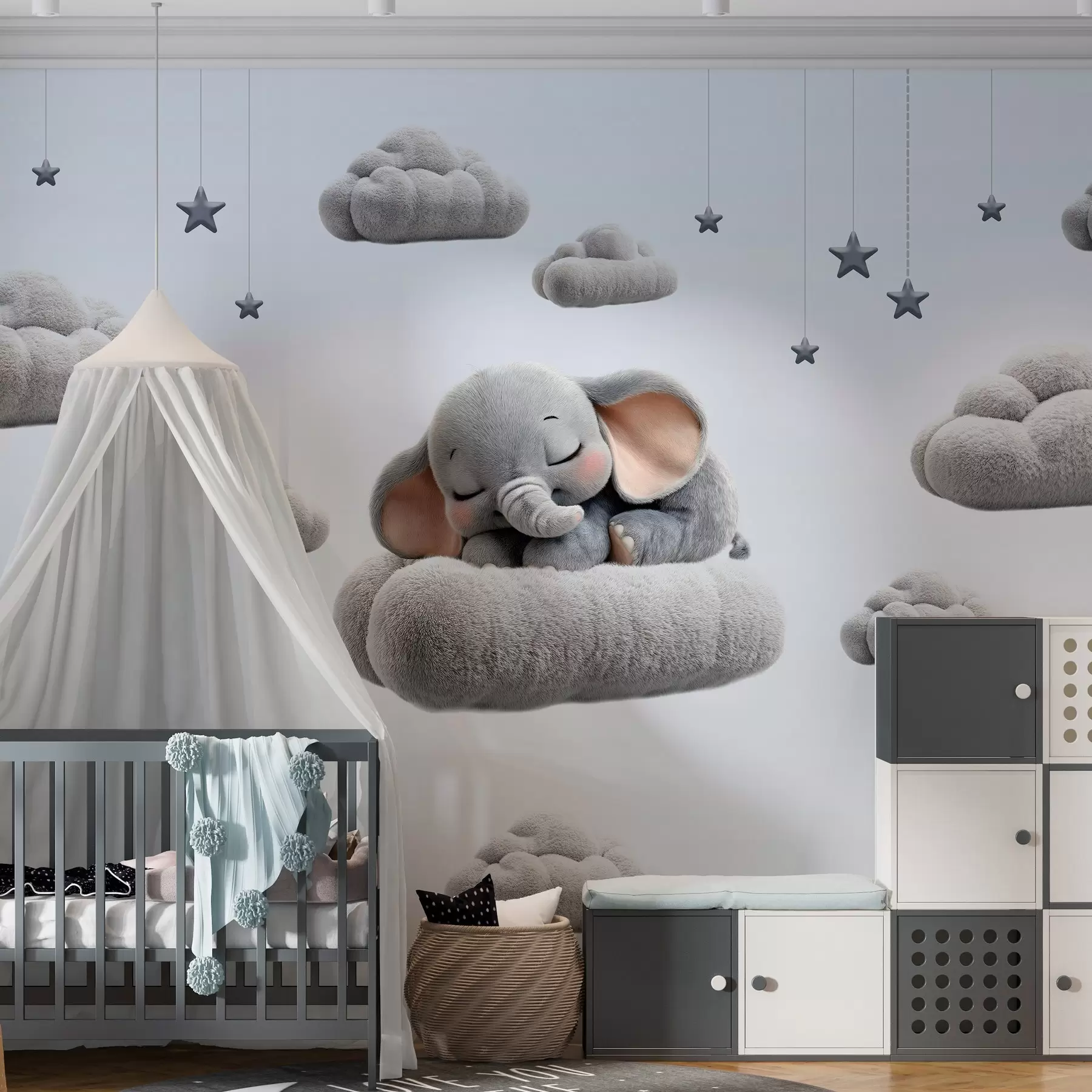 wall murals a cute little elephant in 3D style, sleeping amongst fluffy clouds w05754