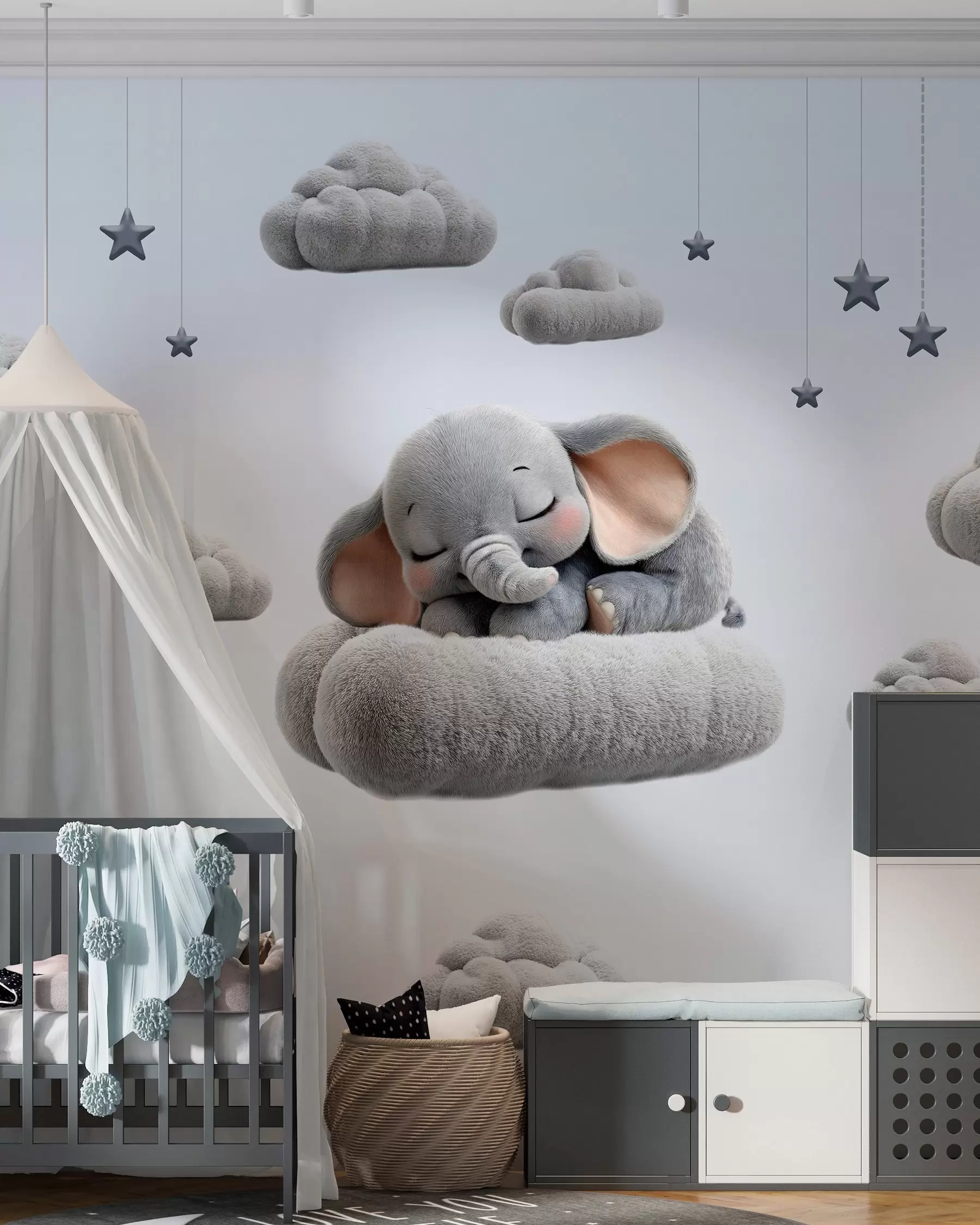 Wall Mural Photo Wallpaper a cute little elephant in 3D style, sleeping amongst fluffy clouds w05754