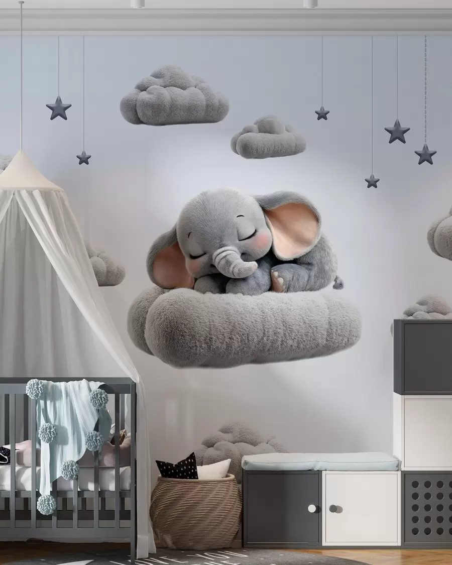 peintures murales un adorable petit éléphant en 3D, endormi au milieu de nuages duveteux w05754