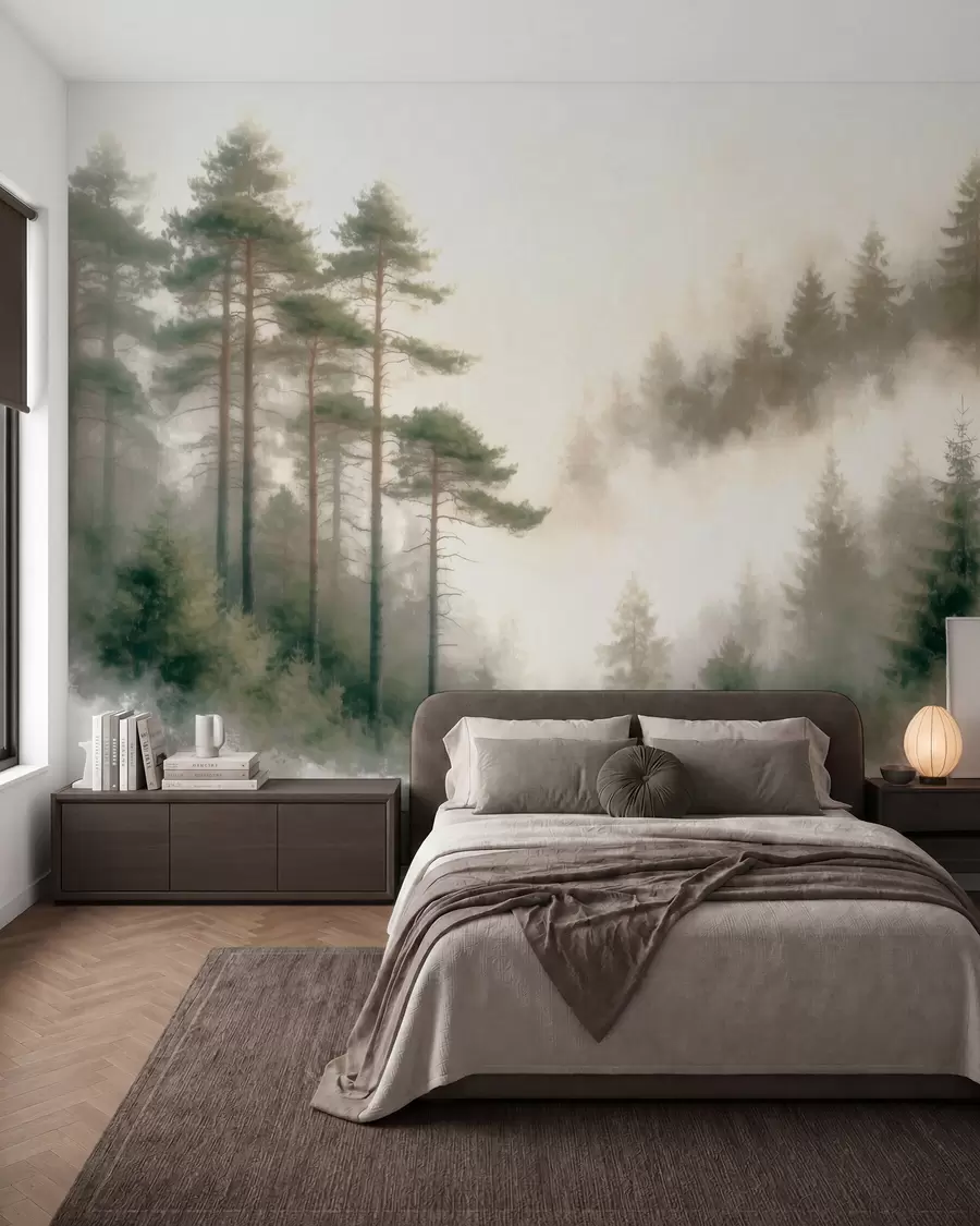Wall Mural Photo Wallpaper Morning pine forest in watercolor style w09916