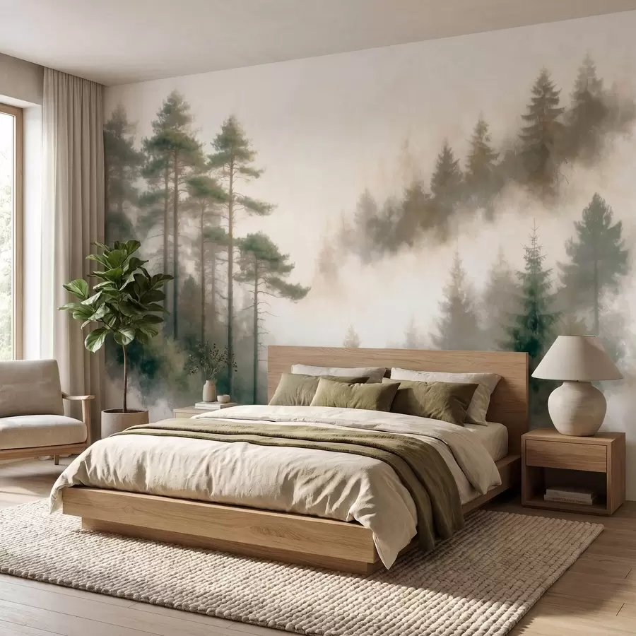 Wall Mural Photo Wallpaper Morning pine forest in watercolor style w09916