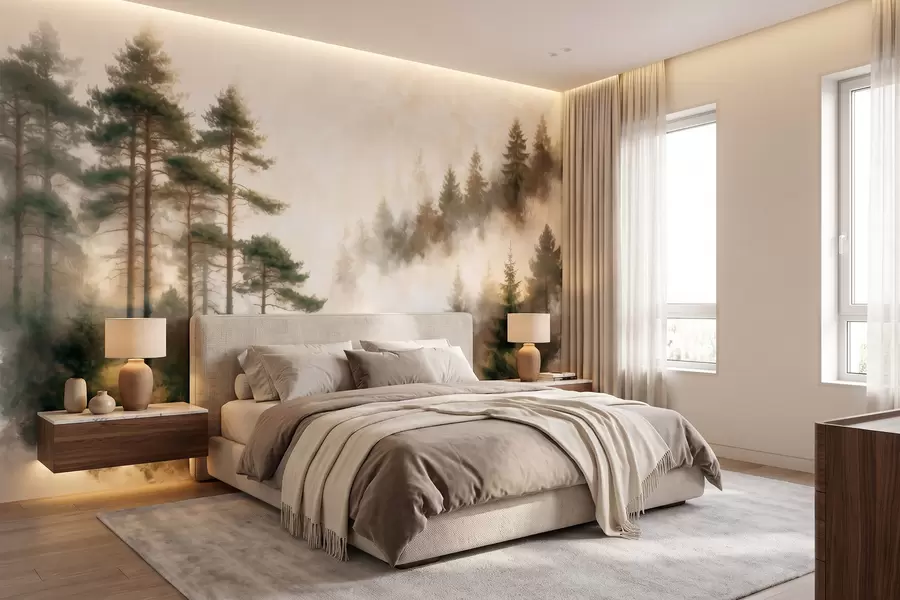 peintures murales Une pinède au petit matin, dans un style aquarelle w09916