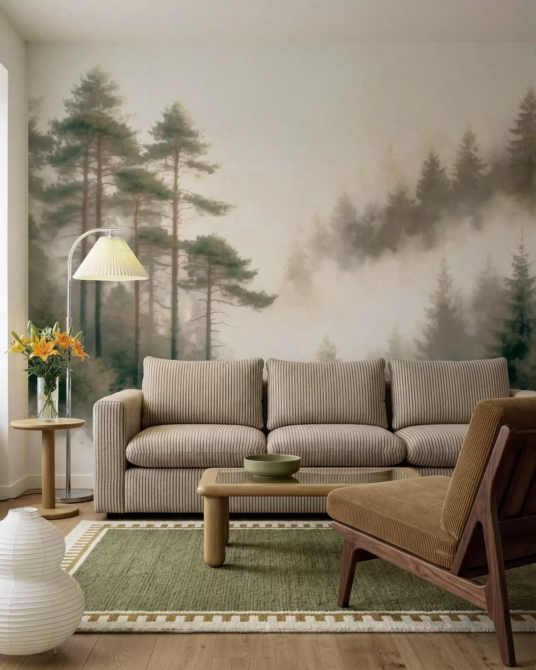 peintures murales Une pinède au petit matin, dans un style aquarelle w09916