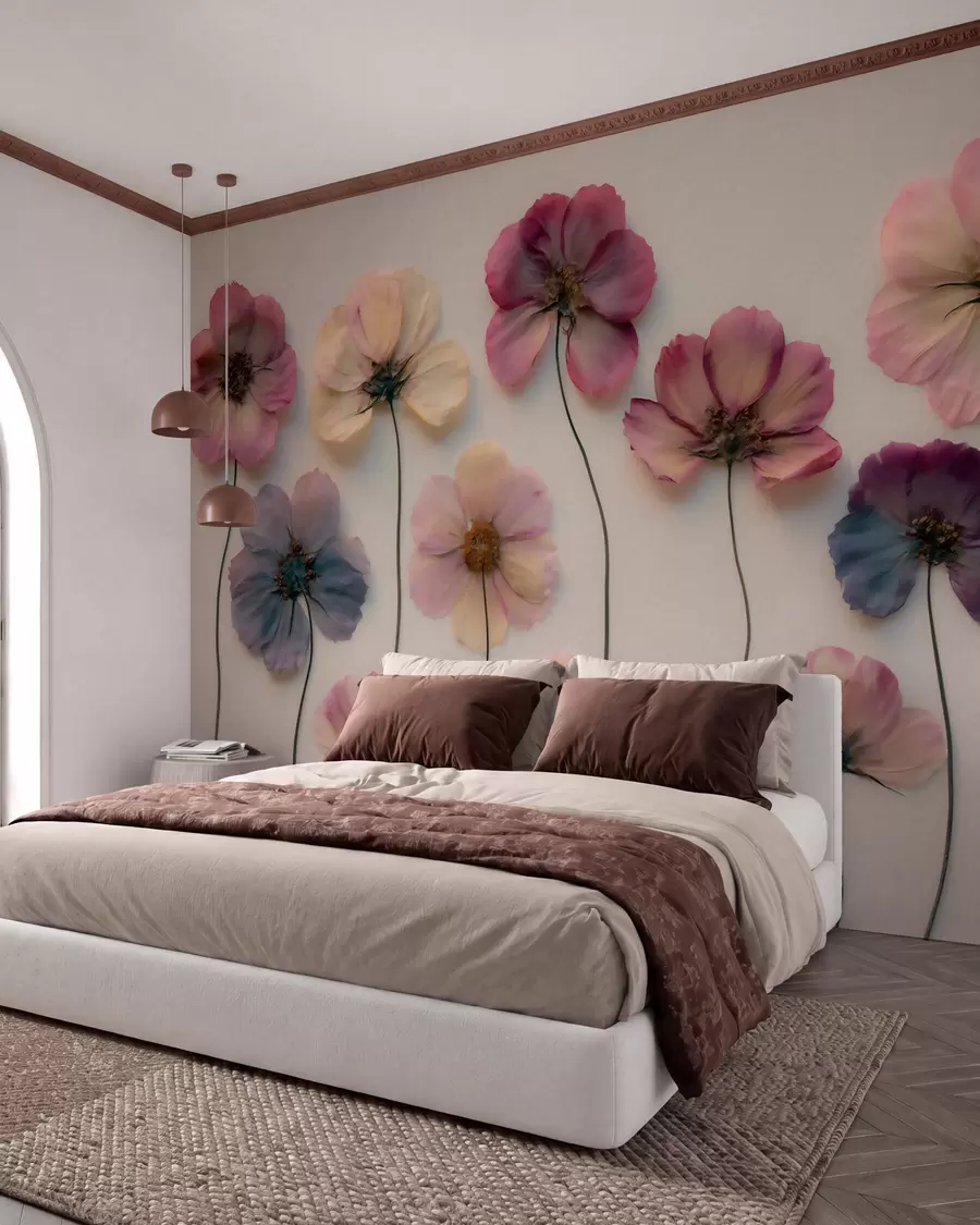 peintures murales Composition d'herbier avec effet de fleurs pressées et texture en 3D w09911
