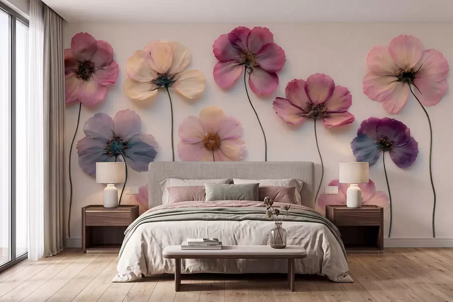 peintures murales Composition d'herbier avec effet de fleurs pressées et texture en 3D w09911