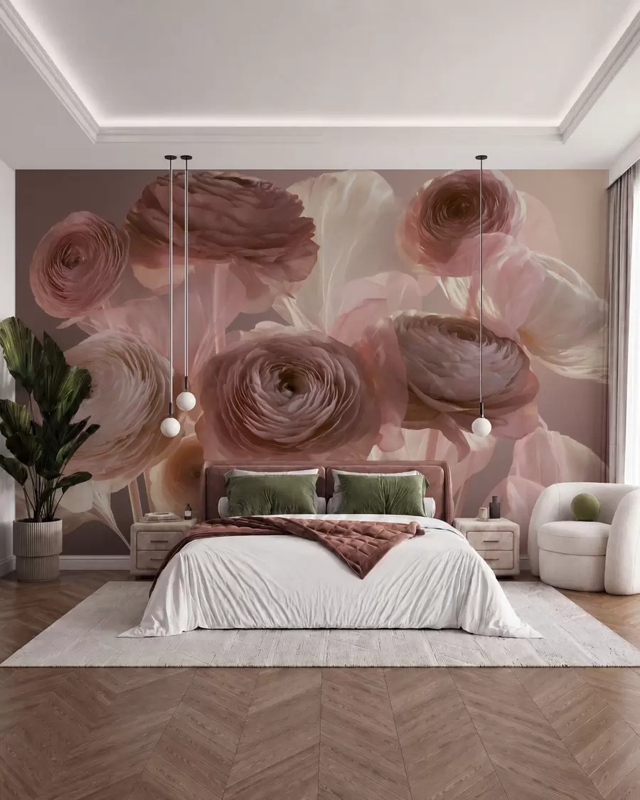 wall murals Large artistic ranunculus flowers in soft pink and cream tones w09921