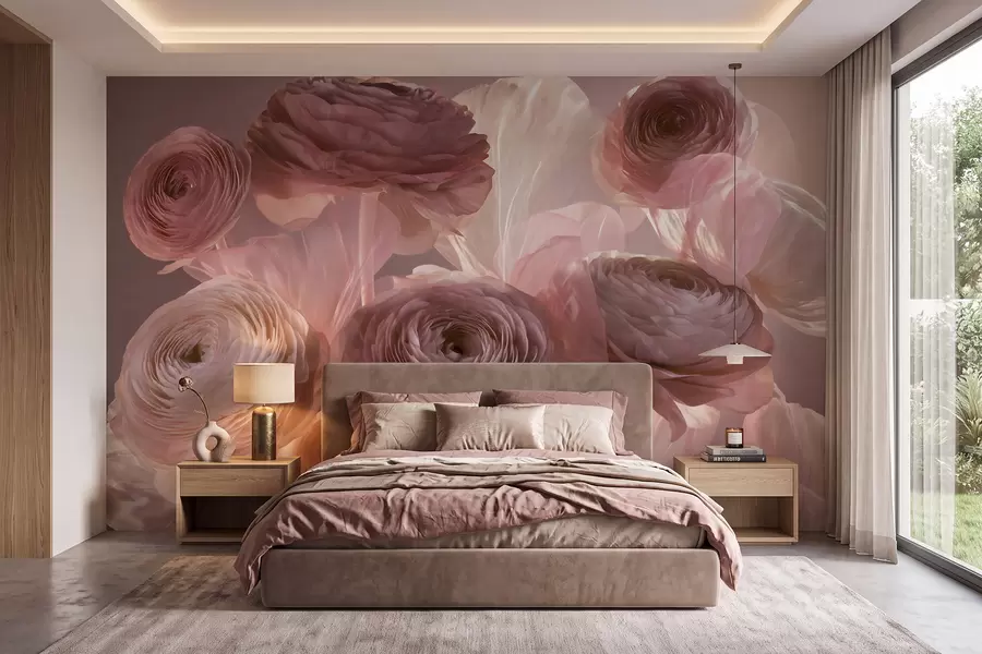 Wall Mural Photo Wallpaper Large artistic ranunculus flowers in soft pink and cream tones w09921