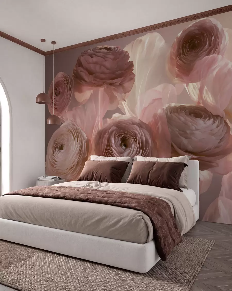 wall murals Large artistic ranunculus flowers in soft pink and cream tones w09921