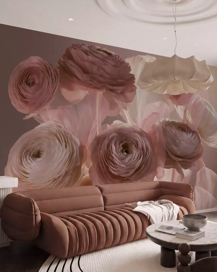 Wall Mural Photo Wallpaper Large artistic ranunculus flowers in soft pink and cream tones w09921