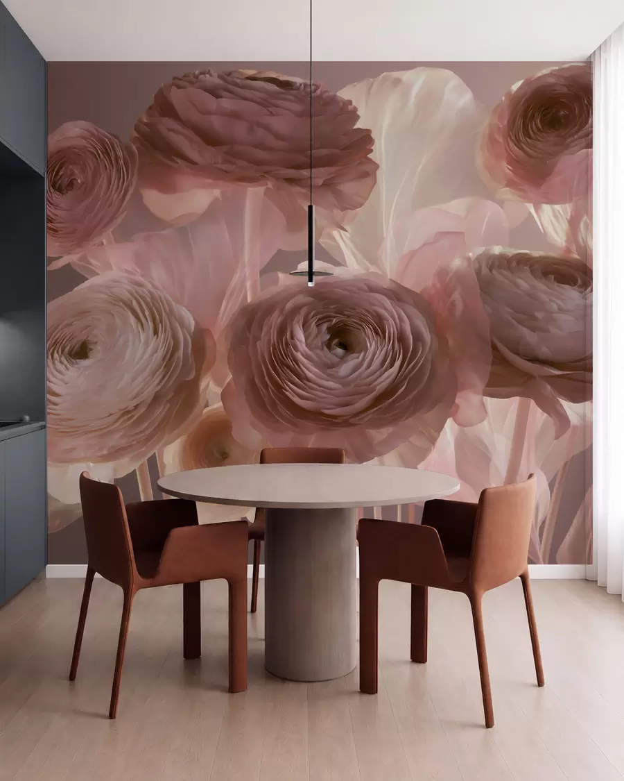 wall murals Large artistic ranunculus flowers in soft pink and cream tones w09921