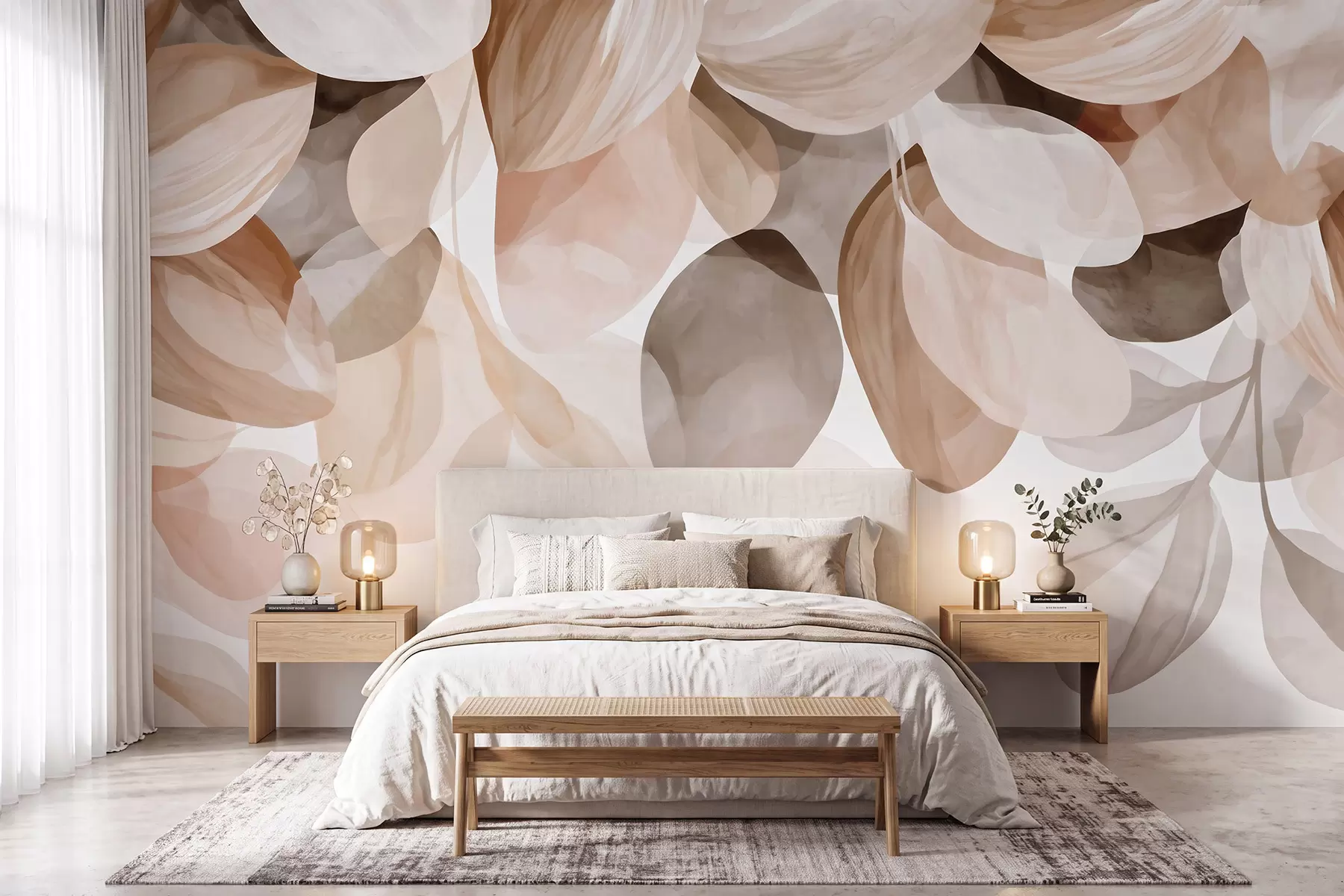 peintures murales Feuilles suspendues de couleur beige, style aquarelle w09923