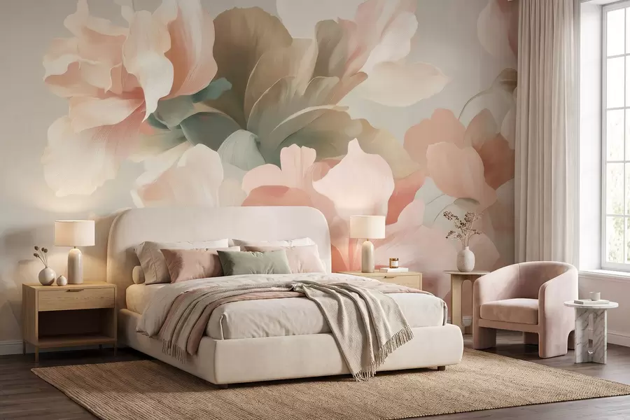 peintures murales De grandes fleurs stylisées dans des tons pastel délicats de crème, de rose et de vert w09935