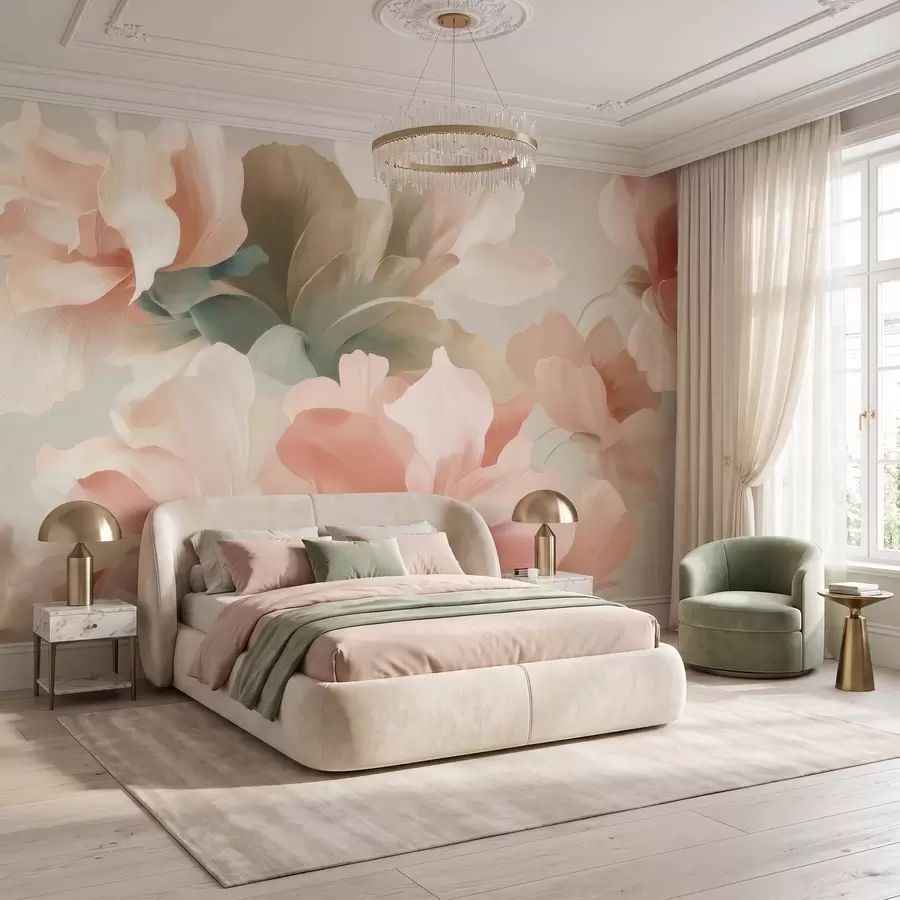 Wall Mural Photo Wallpaper Large artistic flowers in soft pastel shades of cream, pink, and green w09935