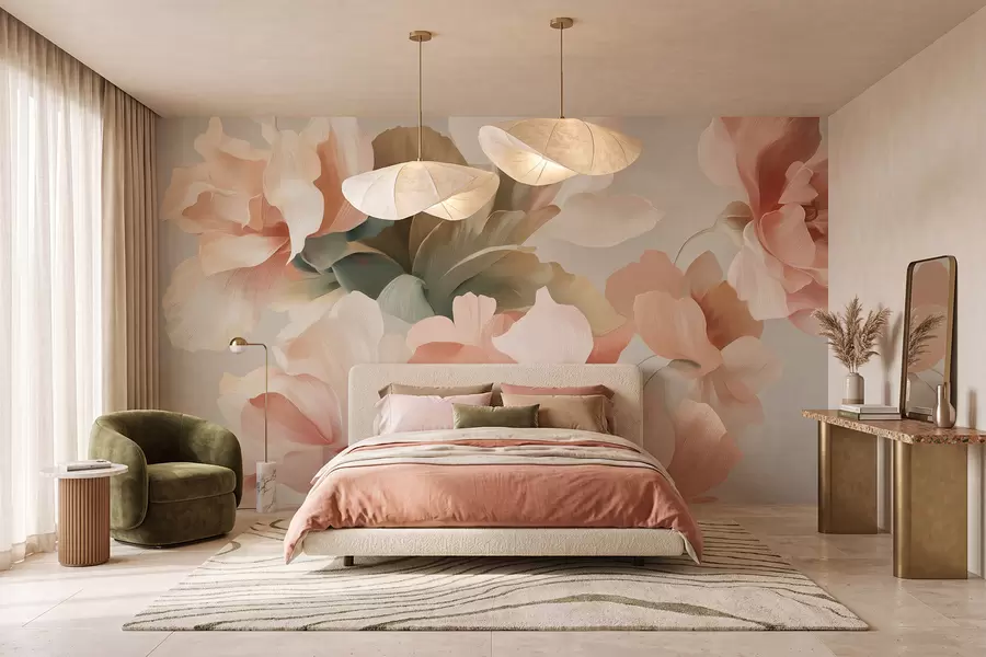 wall murals Large artistic flowers in soft pastel shades of cream, pink, and green w09935