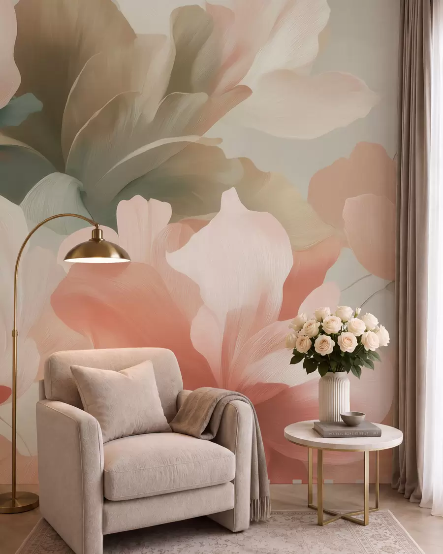 Wall Mural Photo Wallpaper Large artistic flowers in soft pastel shades of cream, pink, and green w09935