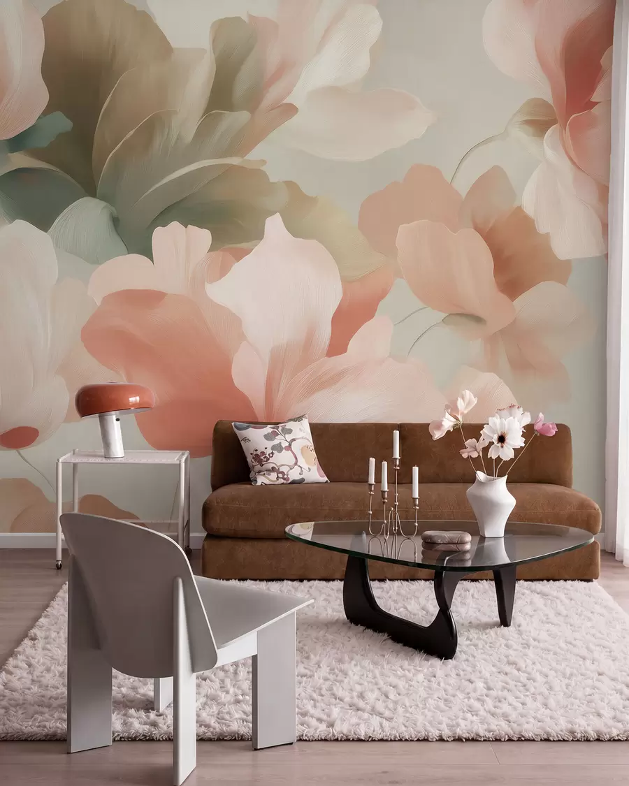 Wall Mural Photo Wallpaper Large artistic flowers in soft pastel shades of cream, pink, and green w09935