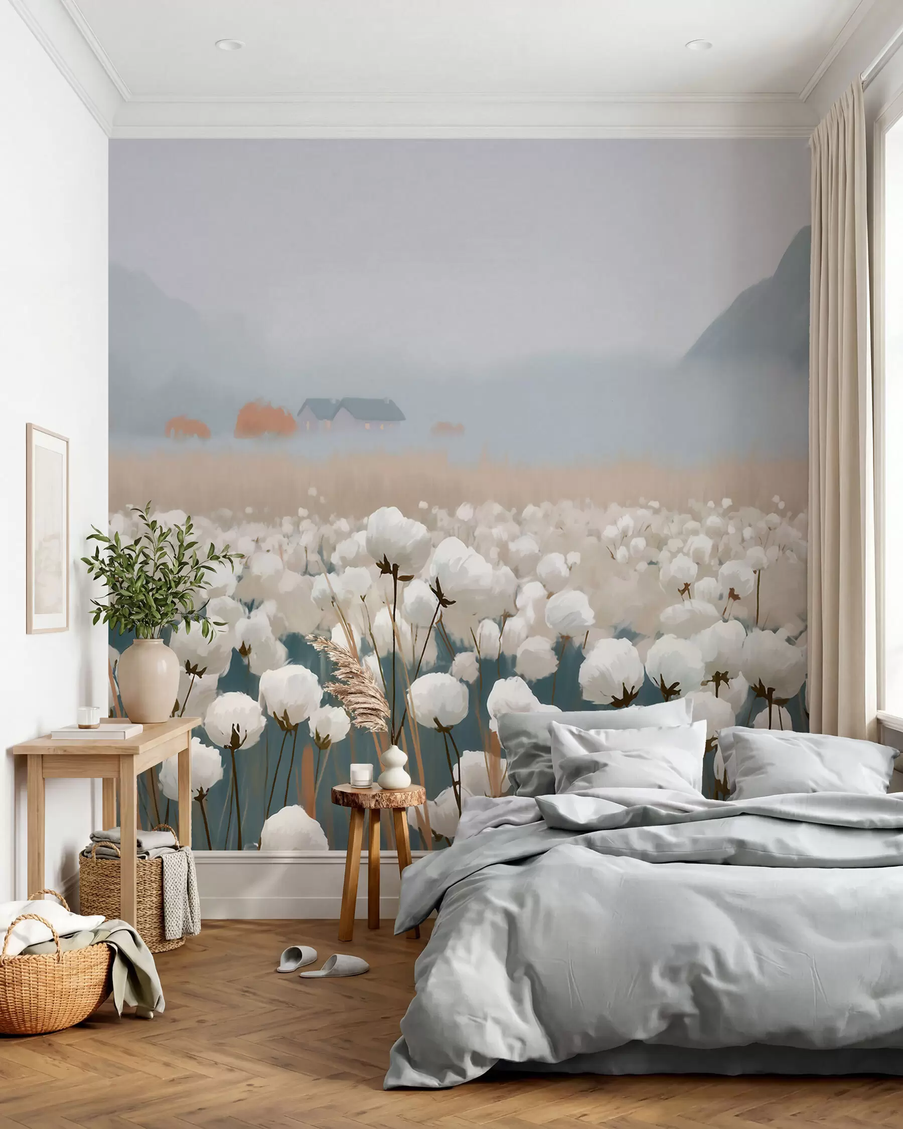 murales Campo de algodón en un paisaje brumoso del norte, estilo pictórico w09934