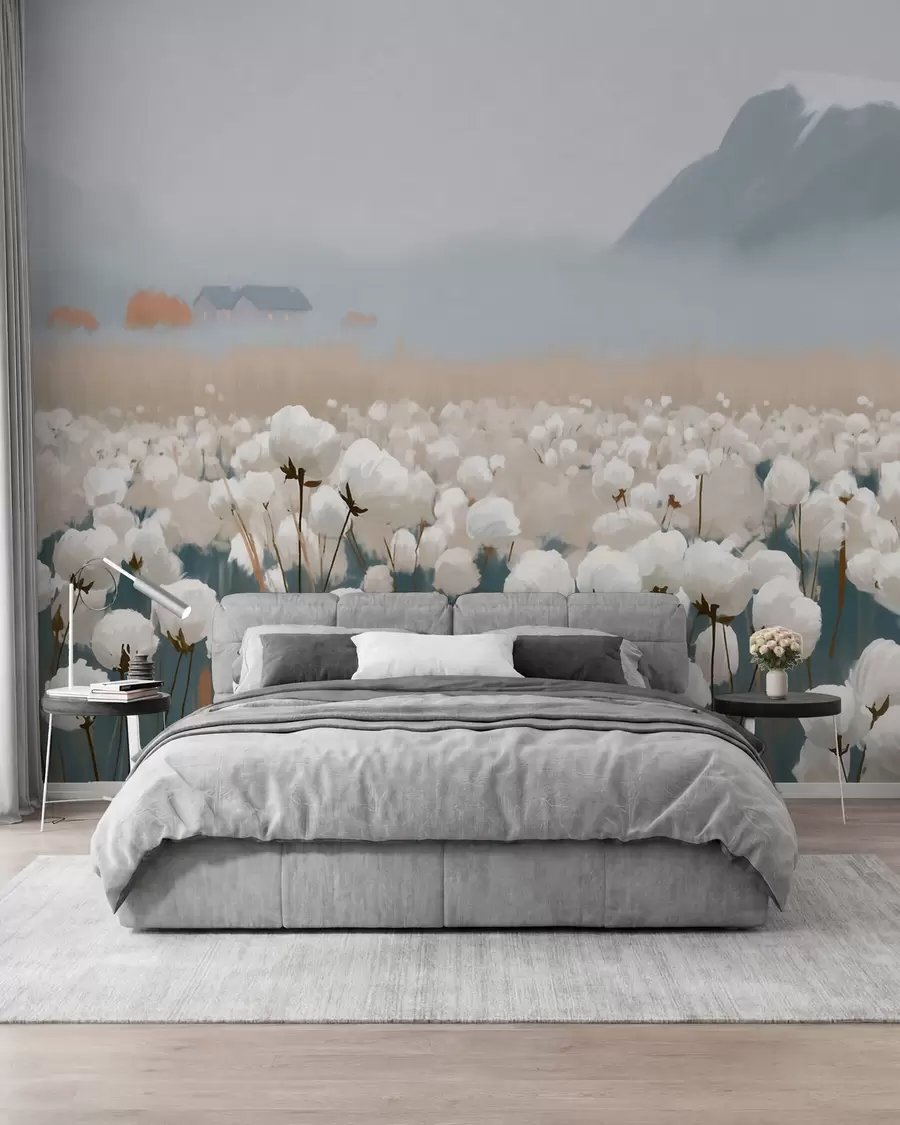 peintures murales Champ de coton dans un paysage brumeux du Nord, style pictural w09934