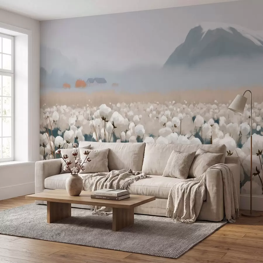 Wall Mural Photo Wallpaper Cotton field in a misty northern landscape, painterly style w09934